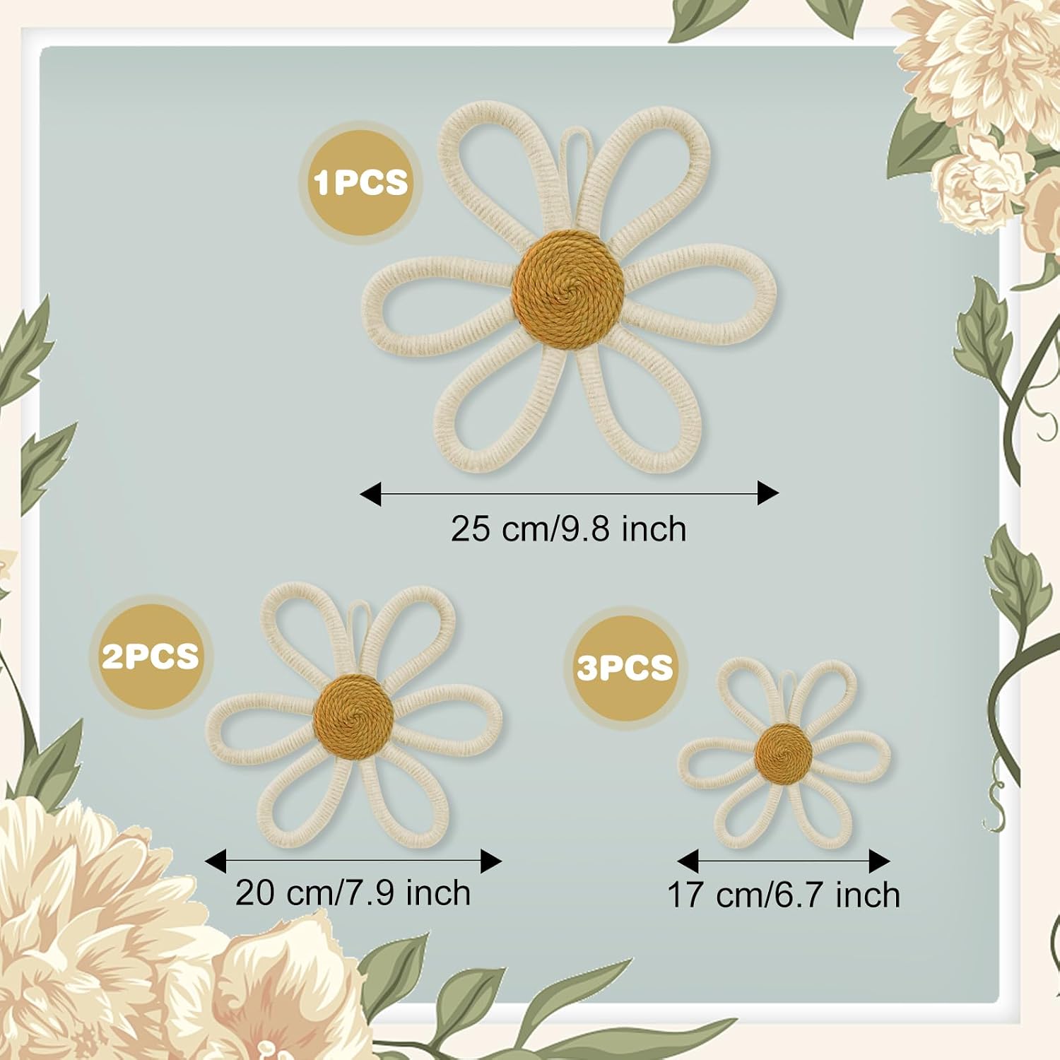 Detalle de MEINV BF-600W Boho Daisy Wall Décor, 6-Piece Cotton Rope Set
