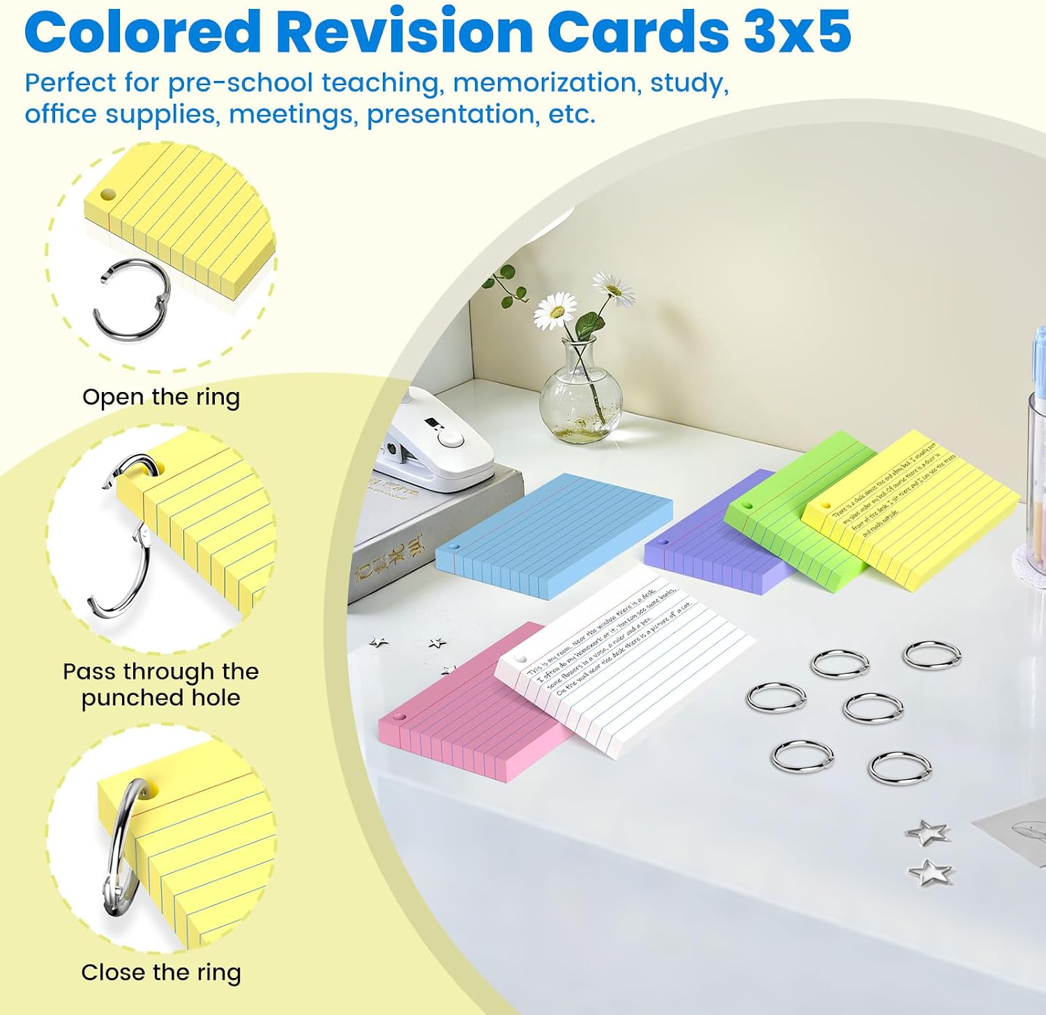 Detalle de Flash Cards 3x5 (7.62x12.7cm) – 600 Colour‑Lined Index Cards with Binder Rings