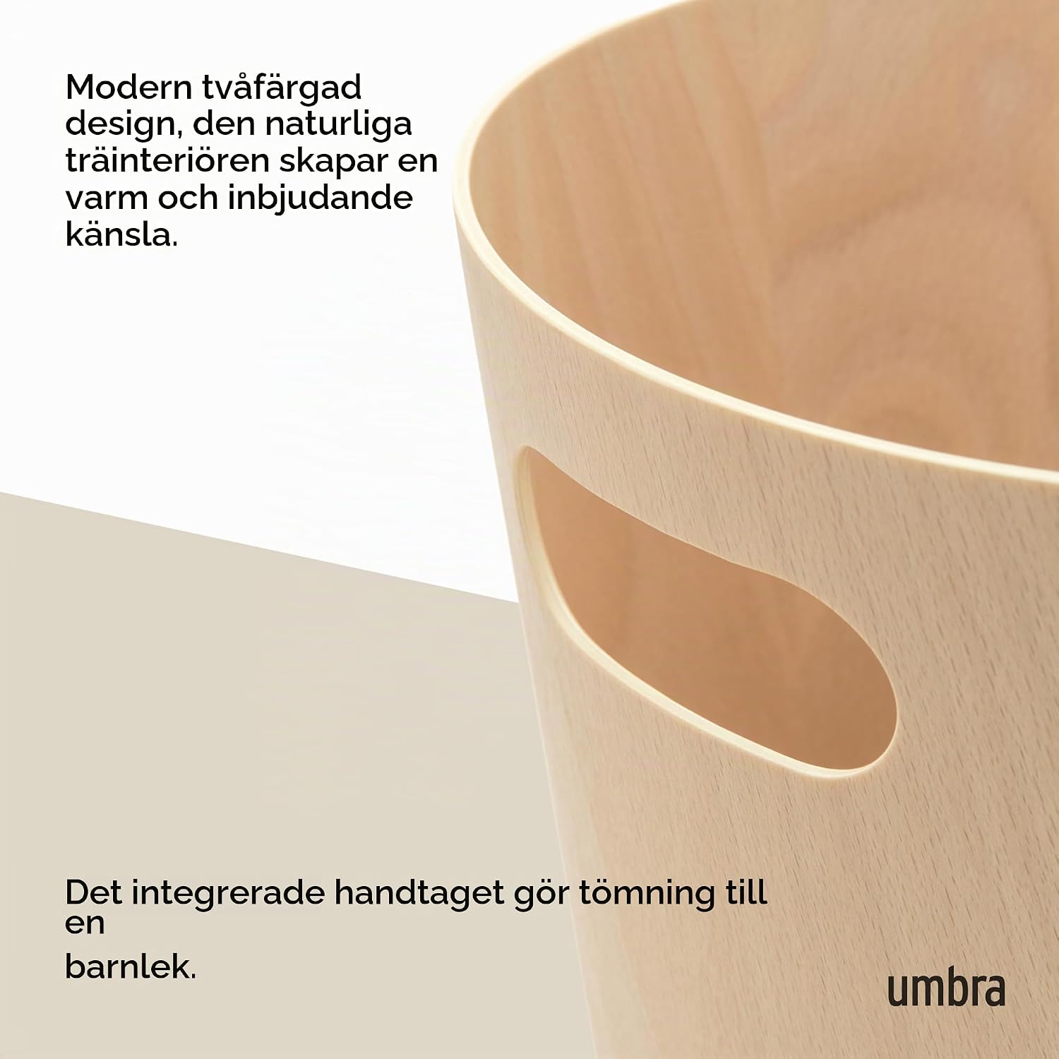Detalle 2 de Umbra Woodrow papperskorg i tvåfärgat trä, 7,5 l, natur