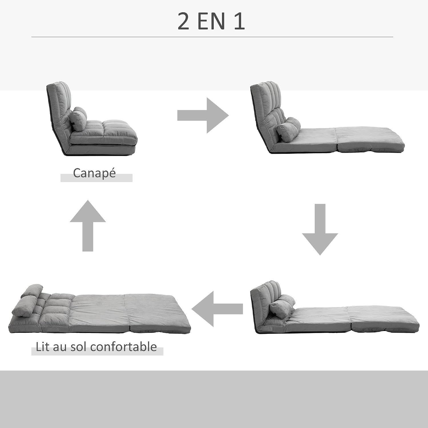 Thumbnail 3 de HOMCOM chauffeuse pliant convertible à dossier réglable jusqu’à 180° avec 2 coussins – Gris