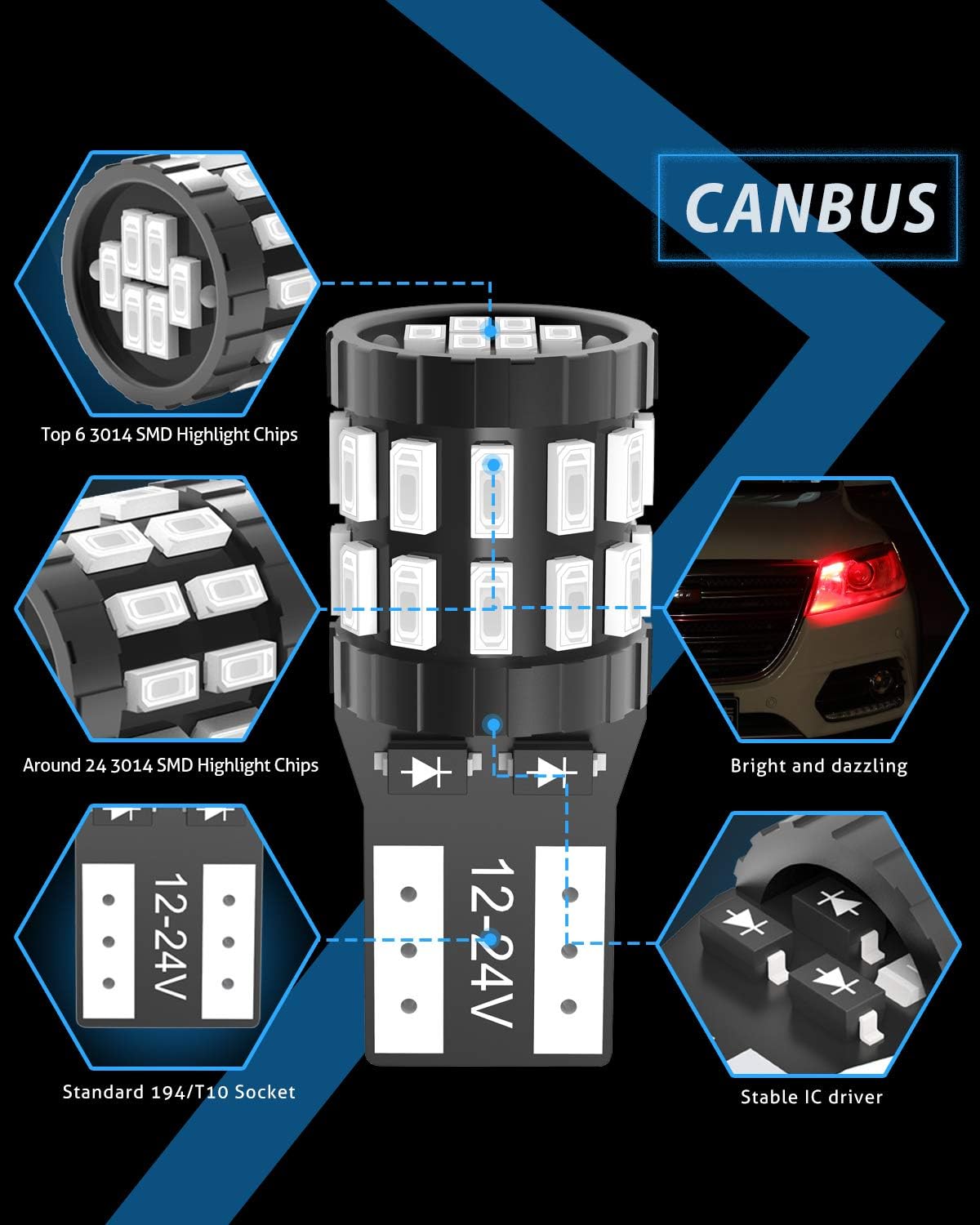 Detalle de KATUR T10 W5W LED 194/168 2825 CANBUS rosso brillante (pack da 2) per luci interne e targa