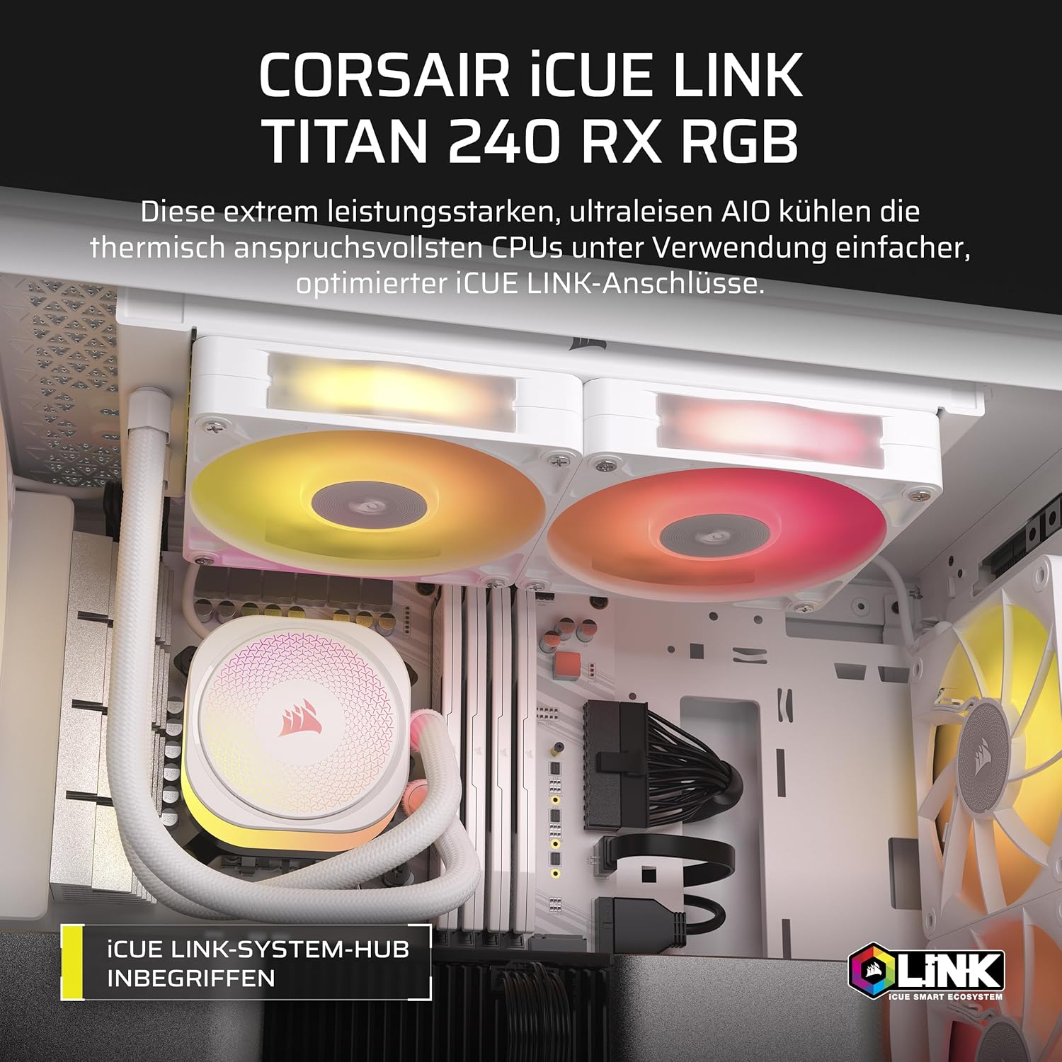 Detalle 2 de Corsair iCUE LINK TITAN 240 RX RGB AIO-Kühler für die CPU (240 mm) – iCUE LINK Systemhub, weiß