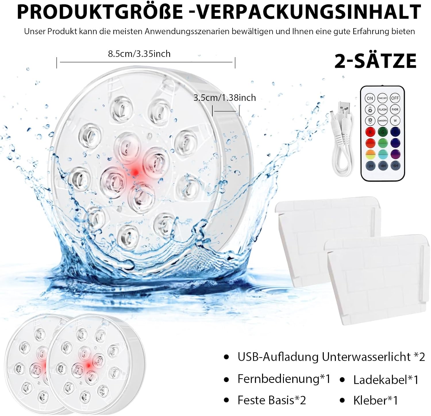 Detalle 2 de HOSPAOP Unterwasser-LED-Lichtset (2er) – Wiederaufladbar, IP68, RF-Fernbedienung, RGB mit Timer