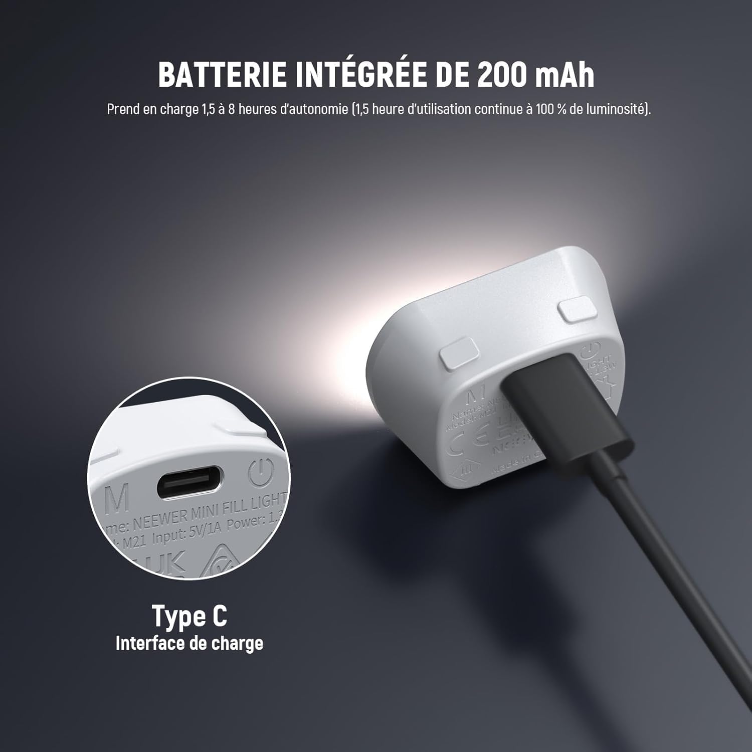 Thumbnail 5 de NEEWER Basics M21 Lampe supplémentaire magnétique LED pour DJI Osmo Pocket 3 (USB‑C rechargeable, 1,3 W)