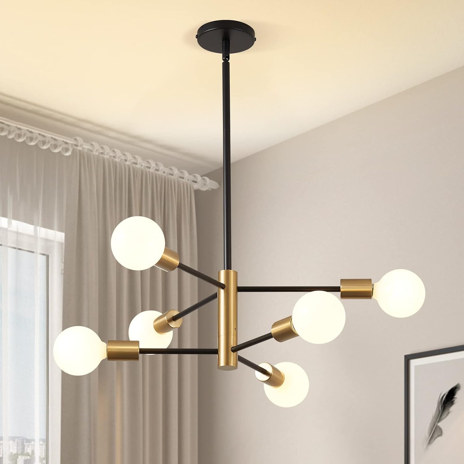 Detalle de KAISITE 8006-6C Sputnik Chandelier, 6-Light Black and Gold, Adjustable Height