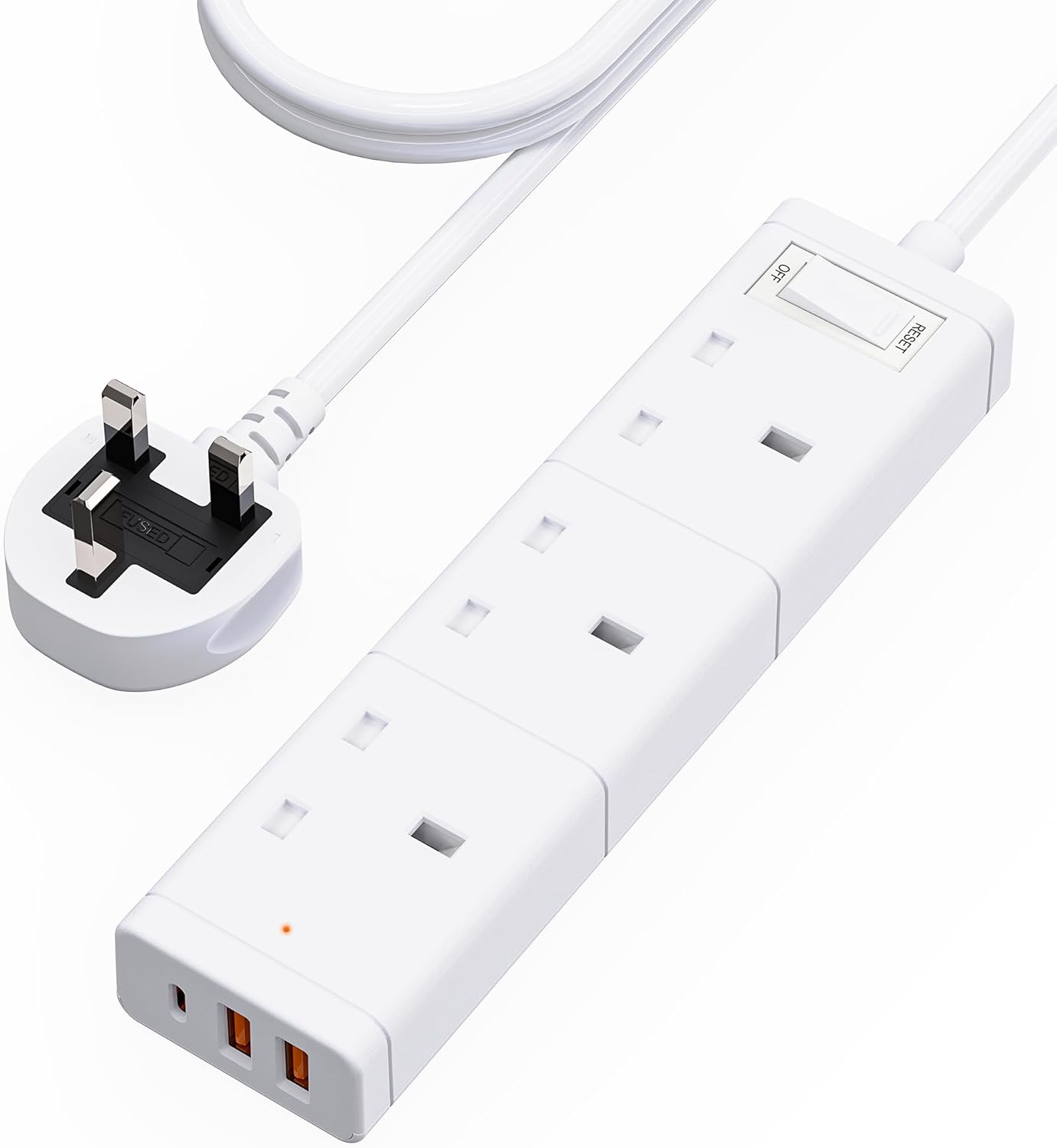 Detalle de Extension Lead with USB Slots: 3-Gang Power Strip with 2 USB-A and 1 USB-C, 1.2m Cable