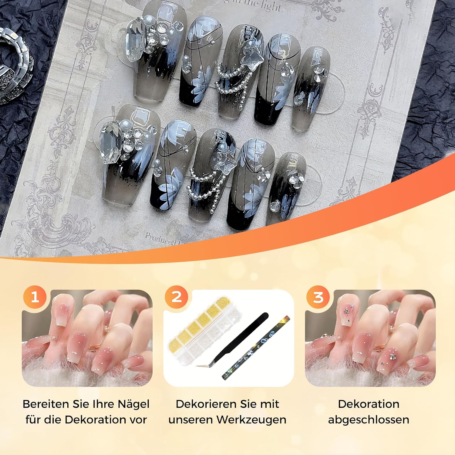 Detalle de Scettar 3er Set Nailart Perlen, Strasssteine & Glitzersteine – Gold/Silber, 0,6–5 mm, 3D Nageldesign & DIY