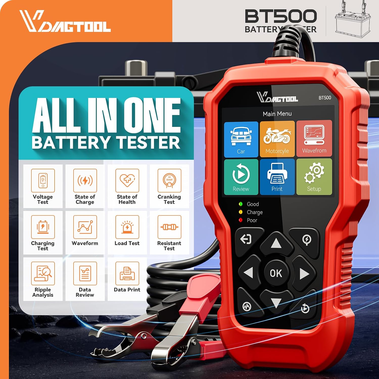 Detalle 2 de VDIAGTOOL BT500 car battery tester 5–3000 CCA