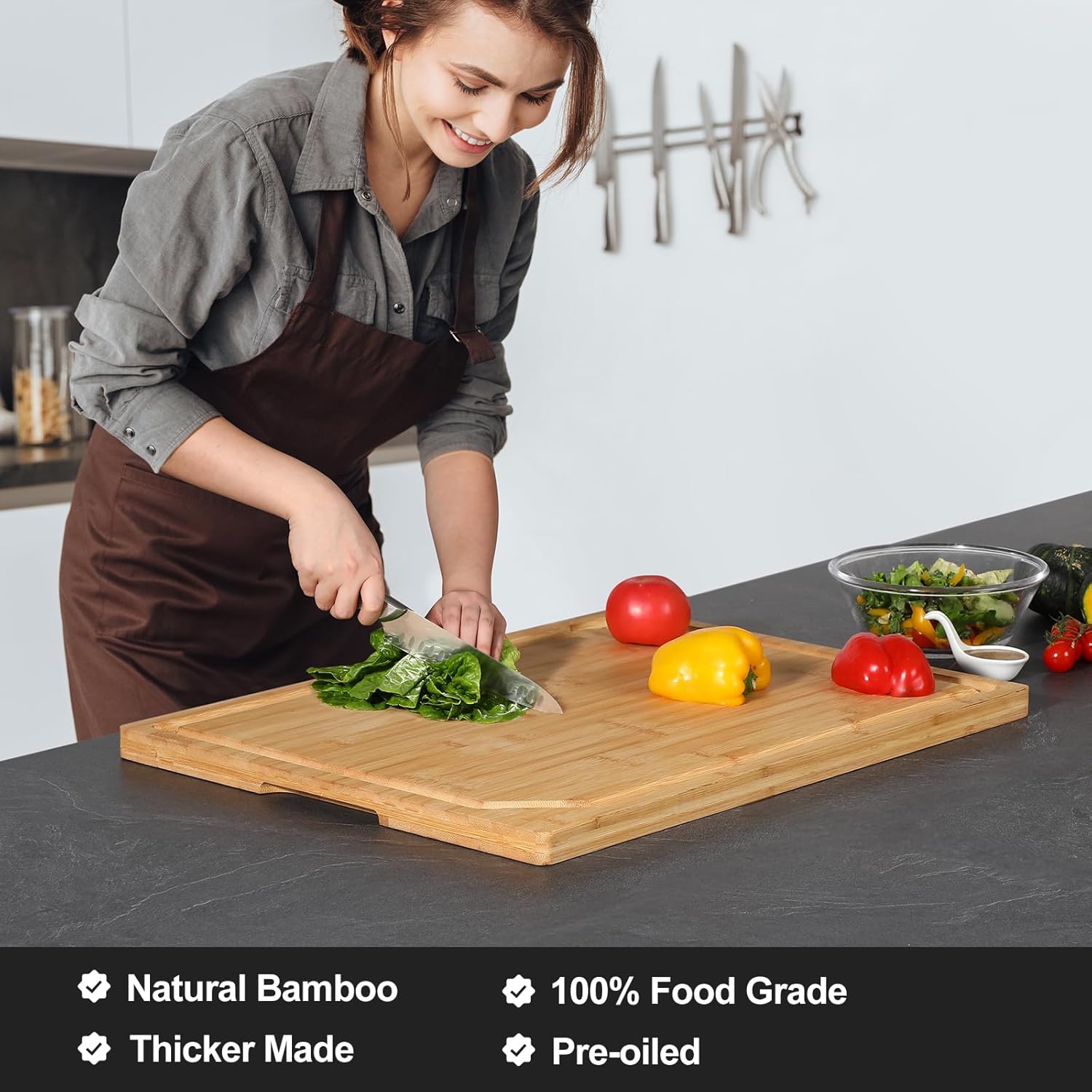 Thumbnail 2 de 30 x 20 Extra-Large Bamboo Cutting Board with Juice Groove, Handle & Spout Well