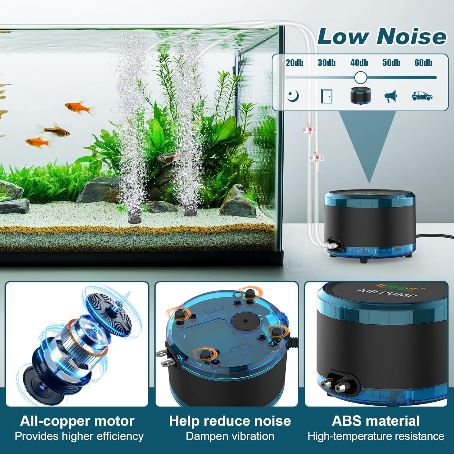 Detalle de hygger 4W Aquarium Luftpumpe – 900 L/H, Dual Outlet, einstellbarer Sauerstoffator für Aquarien bis 450 L