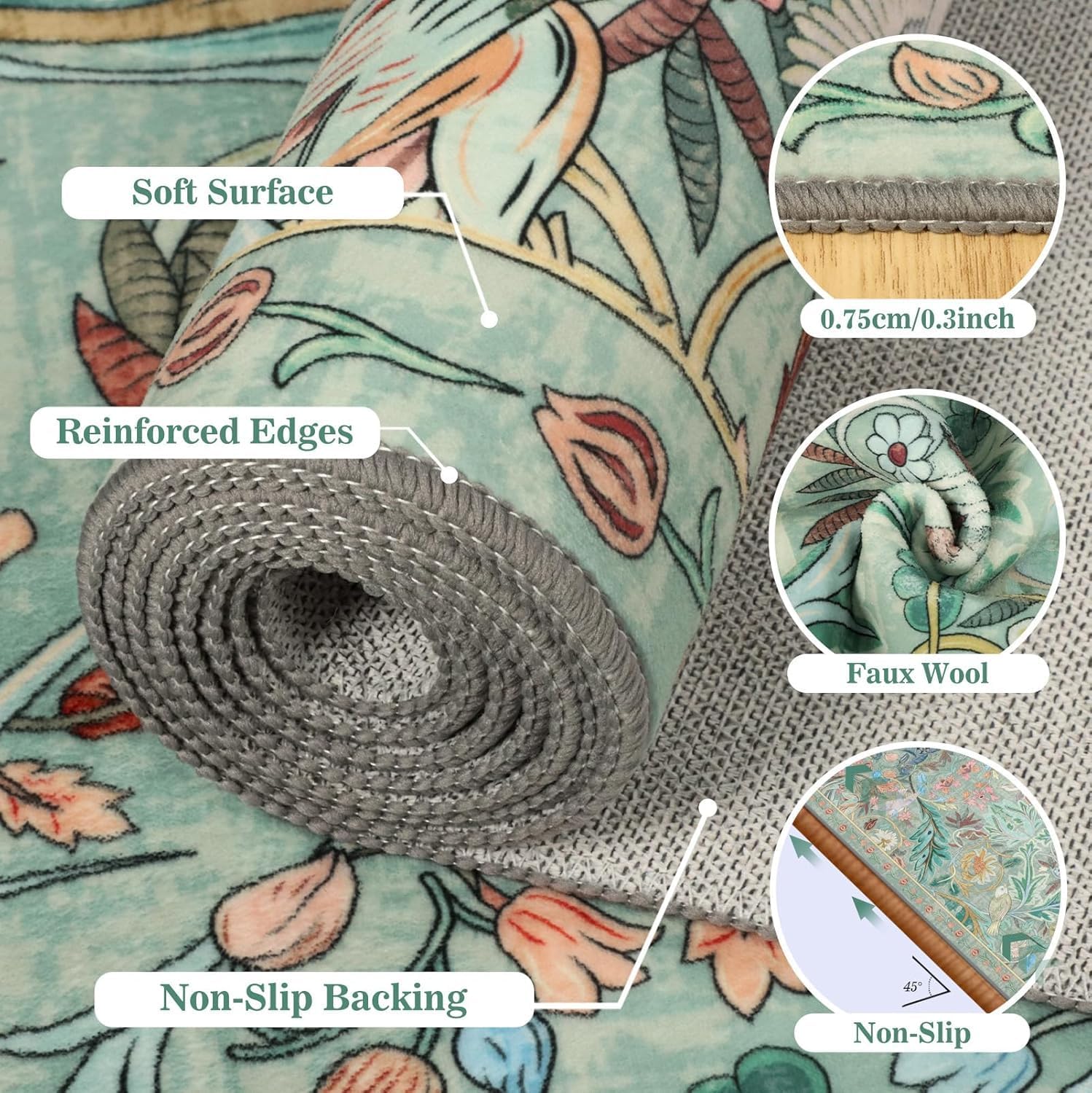 Thumbnail 3 de TUKDAK Washable Area Rug for Living Room – 160×230cm, Green Boho Soft Non-Slip Short Pile Animal Carpet