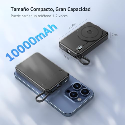 Detalle de Moscsaz Power Bank Magnético 10000mAh — Carga rápida 3 en 1, inalámbrica y USB-C