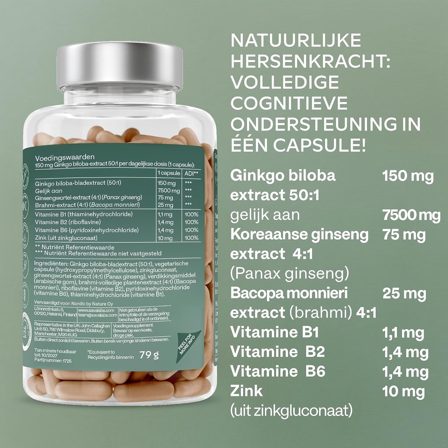 Detalle 1 de AAVALABS Ginkgo Biloba Complex, 50:1-extract, 180 veganistische capsules