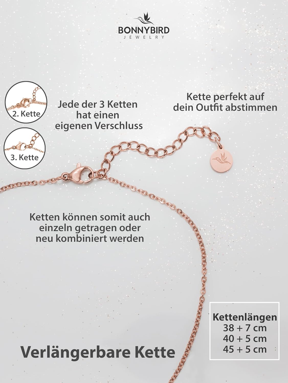Detalle de BONNYBIRD Wasserfestes Edelstahl Ketten Set Damen – BonnySydney in Silber, Gold & Roségold