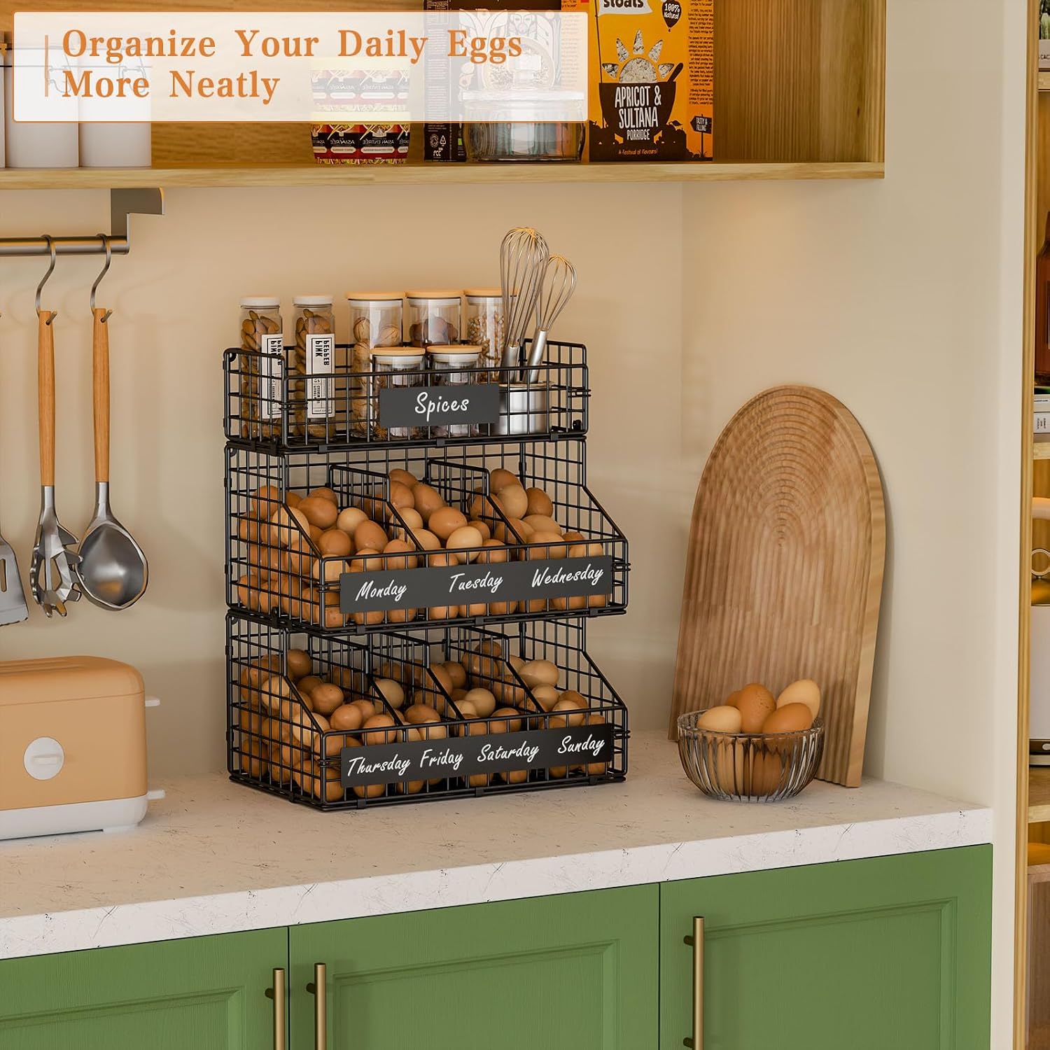 Detalle de keomaisyto 3-Tier Countertop Egg Holder with 5 Dividers, Stackable Wire Baskets & DIY Nameplate (Wall-Mounted)