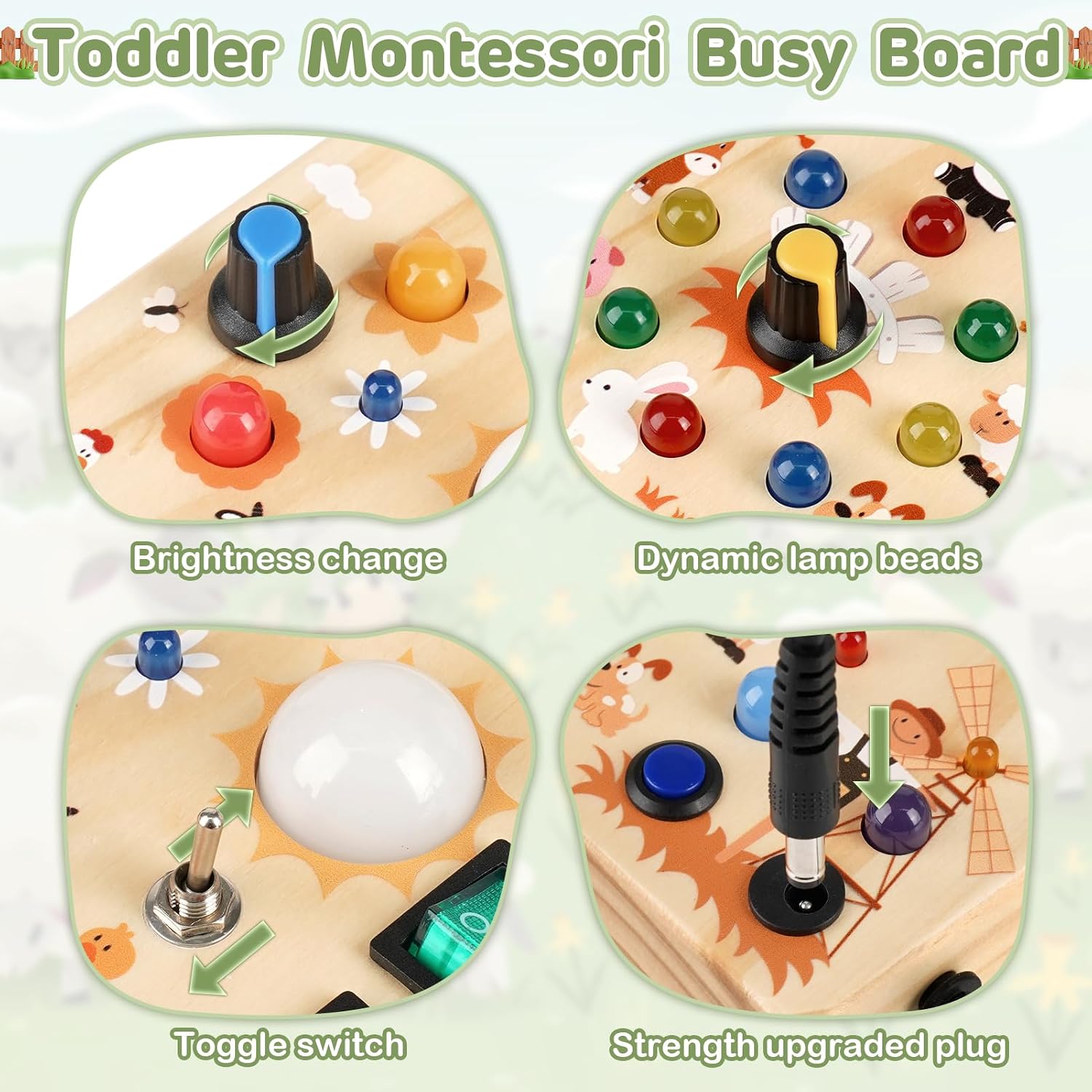 Detalle de Sanlebi LED Busy Board for Toddlers, Wooden Farm Activity Toy with 10 Switches