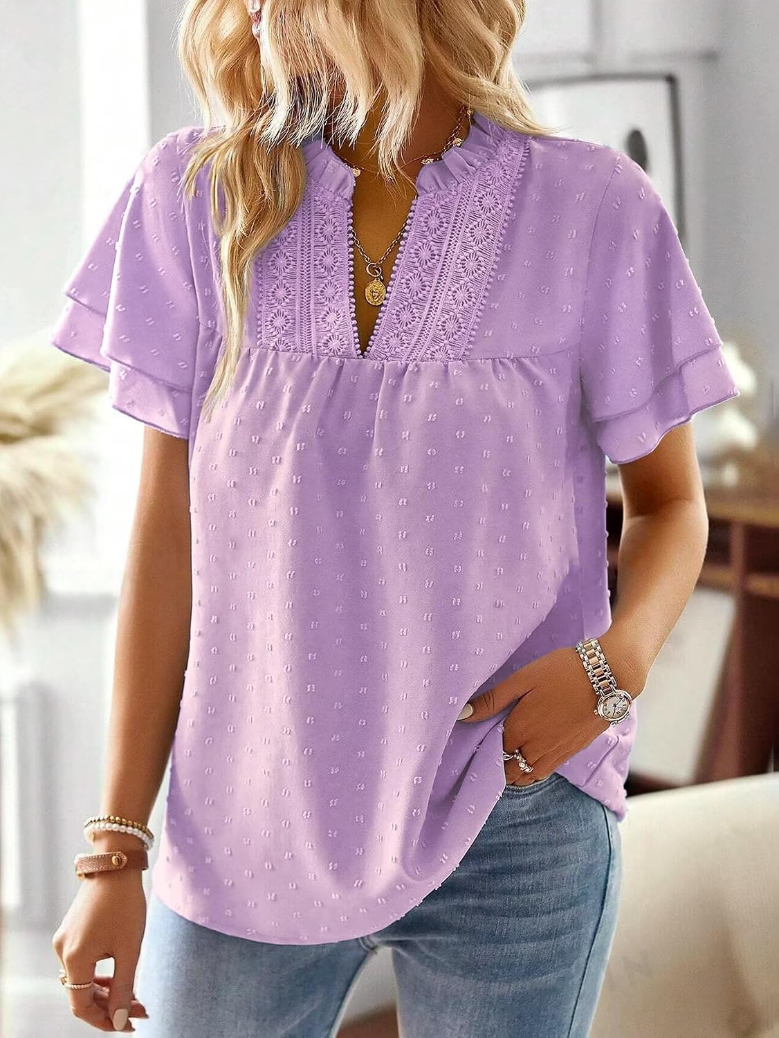 Thumbnail 1 de Falechay Womens Tops Boho Blouse, V-Neck with Crochet Lace and Swiss Dots