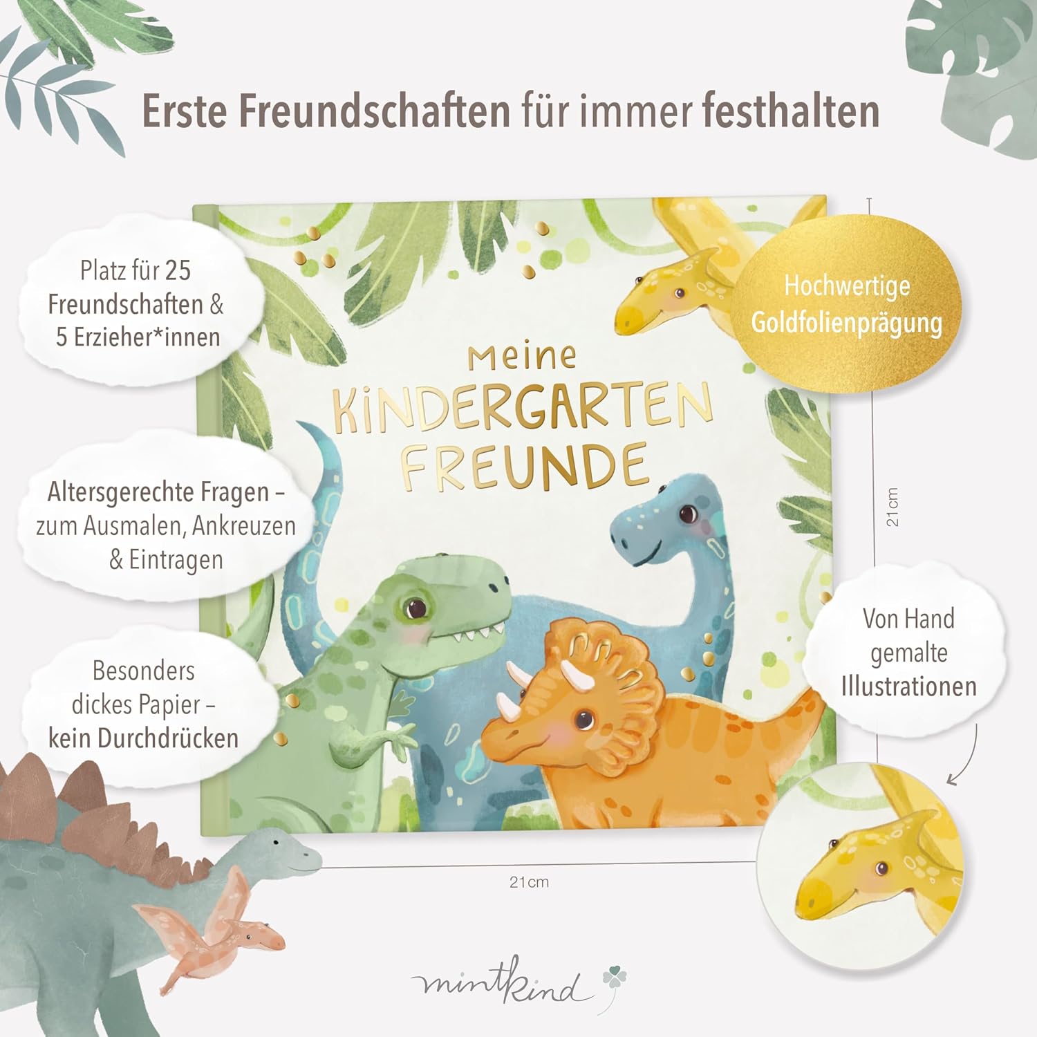 Detalle de mintkind Freundebuch Kindergarten Dino 21x21 Hardcover – 80 Seiten, Goldprägung