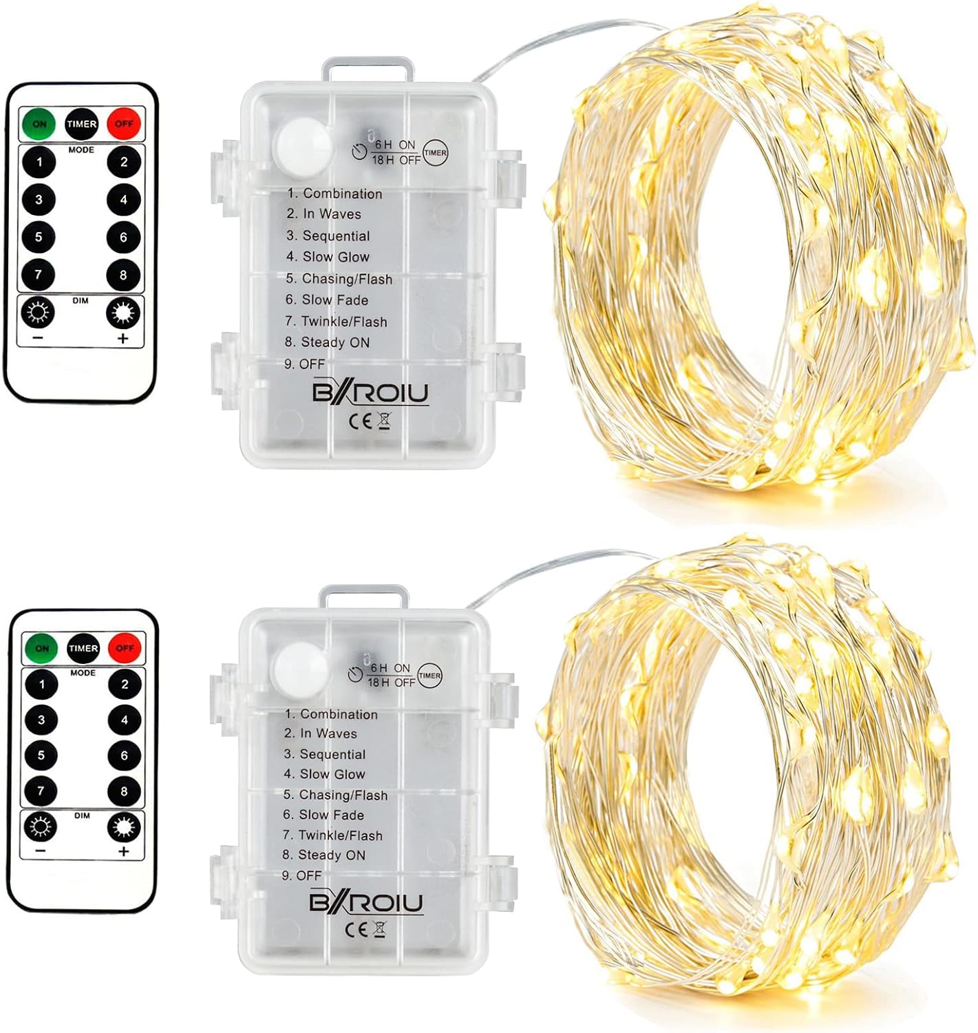 Detalle de BXROIU 2x LED-Lichterkette Batterie 5 m, 50 LEDs, Fernbedienung & Timer – kabellos für Innen & Außen