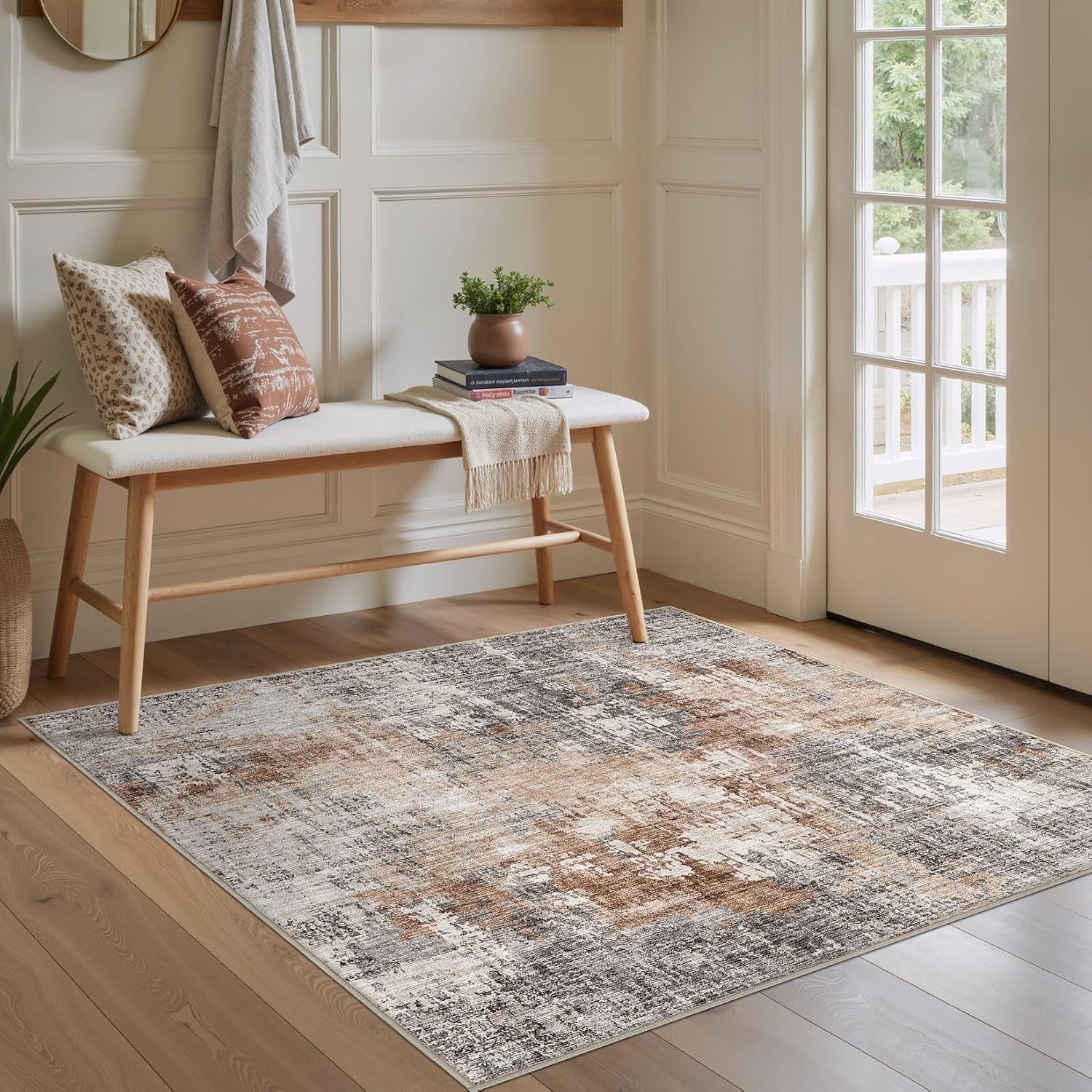 Thumbnail 3 de DMOYEST 5x5 Square Low Pile Area Rug (Washable, Non-Slip Backing) in Grey/Brown Neutral Abstract