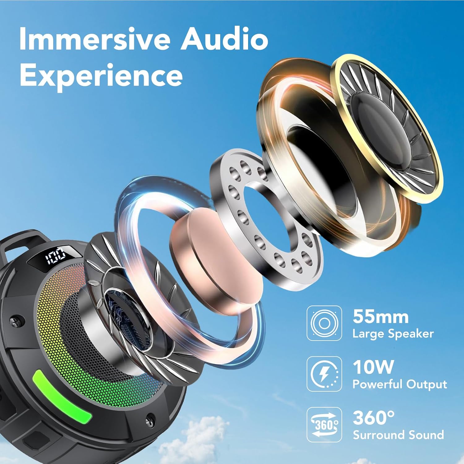 Thumbnail 1 de Bluetooth Speaker, 2026 Portable Wireless Shower Speaker with Detachable Hook and LED Light