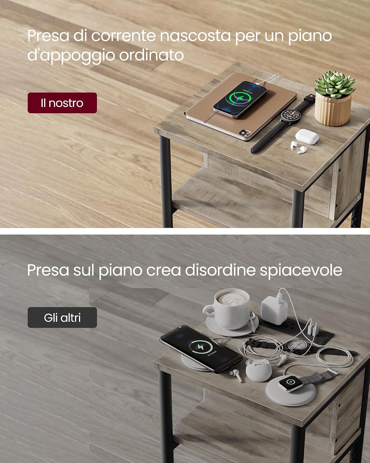 Detalle de VASAGLE Tavolino con Multipresa LET375K01: comodino con prese AC e USB per soggiorno e camera da letto