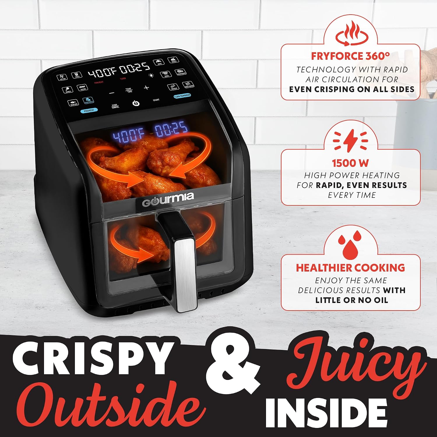 Detalle 2 de Gourmia 7 Qt Air Fryer with Easy View Panorama Window, Interior Light, and Guided 12 Presets