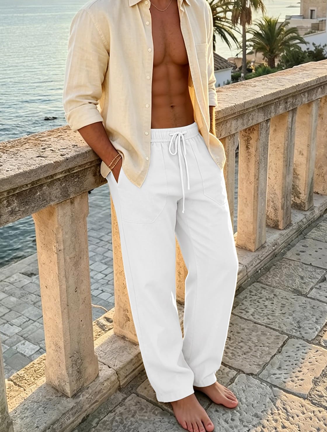 Detalle de Puimentiua Leinenhose Herren – Lang, locker sitzende Sommerhose aus Baumwoll-Leinen-Mischung