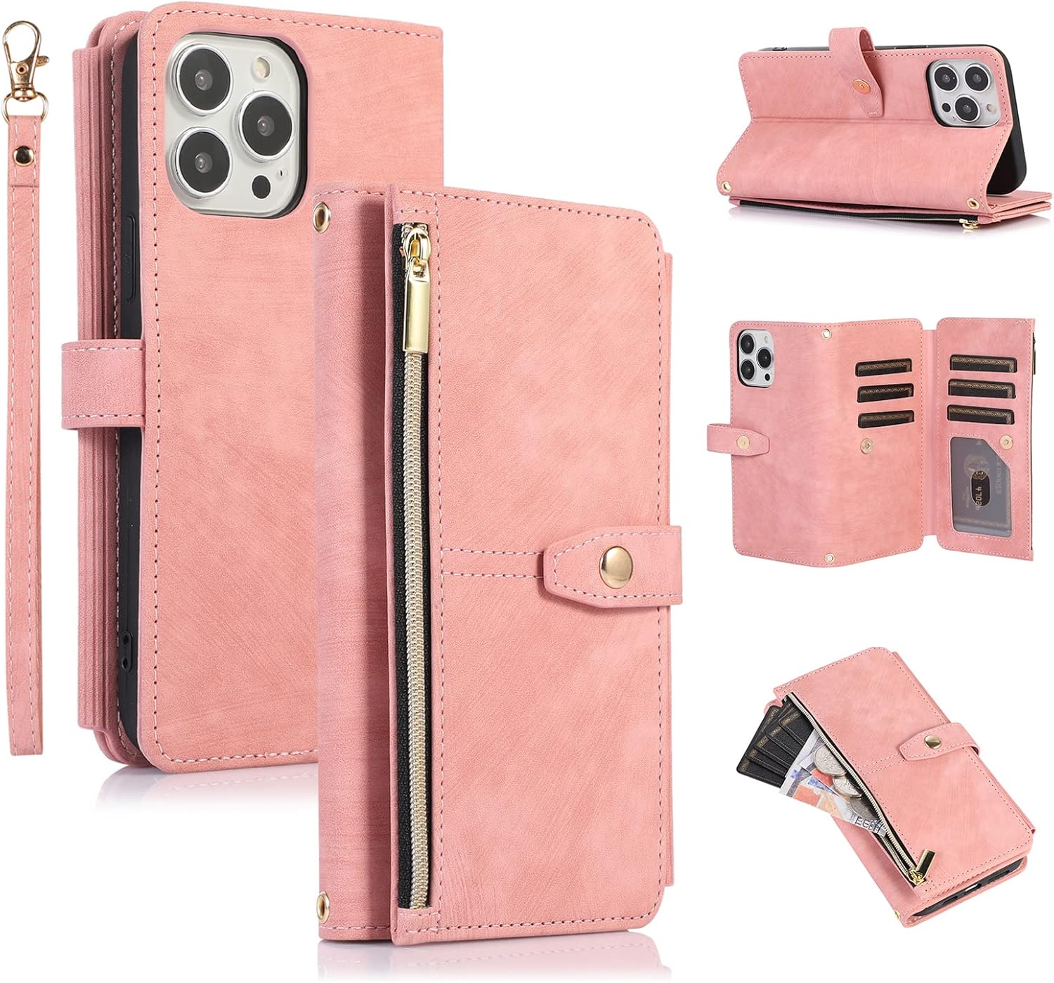 Detalle de UEEBAI Hülle für iPhone 15 Pro 6,1 Zoll – Retro Leder Wallet Case mit 9 Kartenfächern, Umhängegurt, Handschlaufe, Standfunktion und Reißverschluss, Magnetverschluss, Rosa