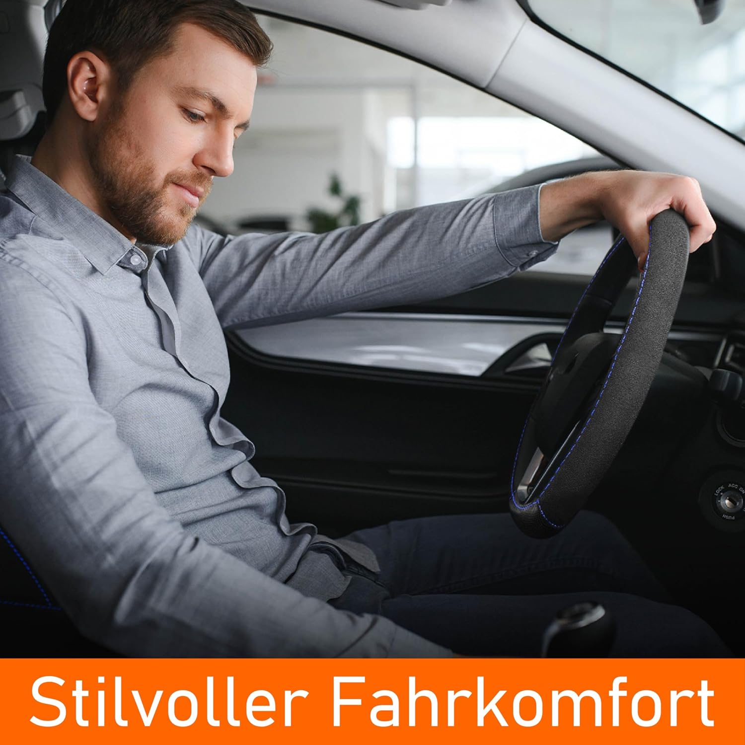 Detalle de Upgrade4cars Lenkradbezug Schwarz-Blau (Leder-Optik) universal für 37–39 cm