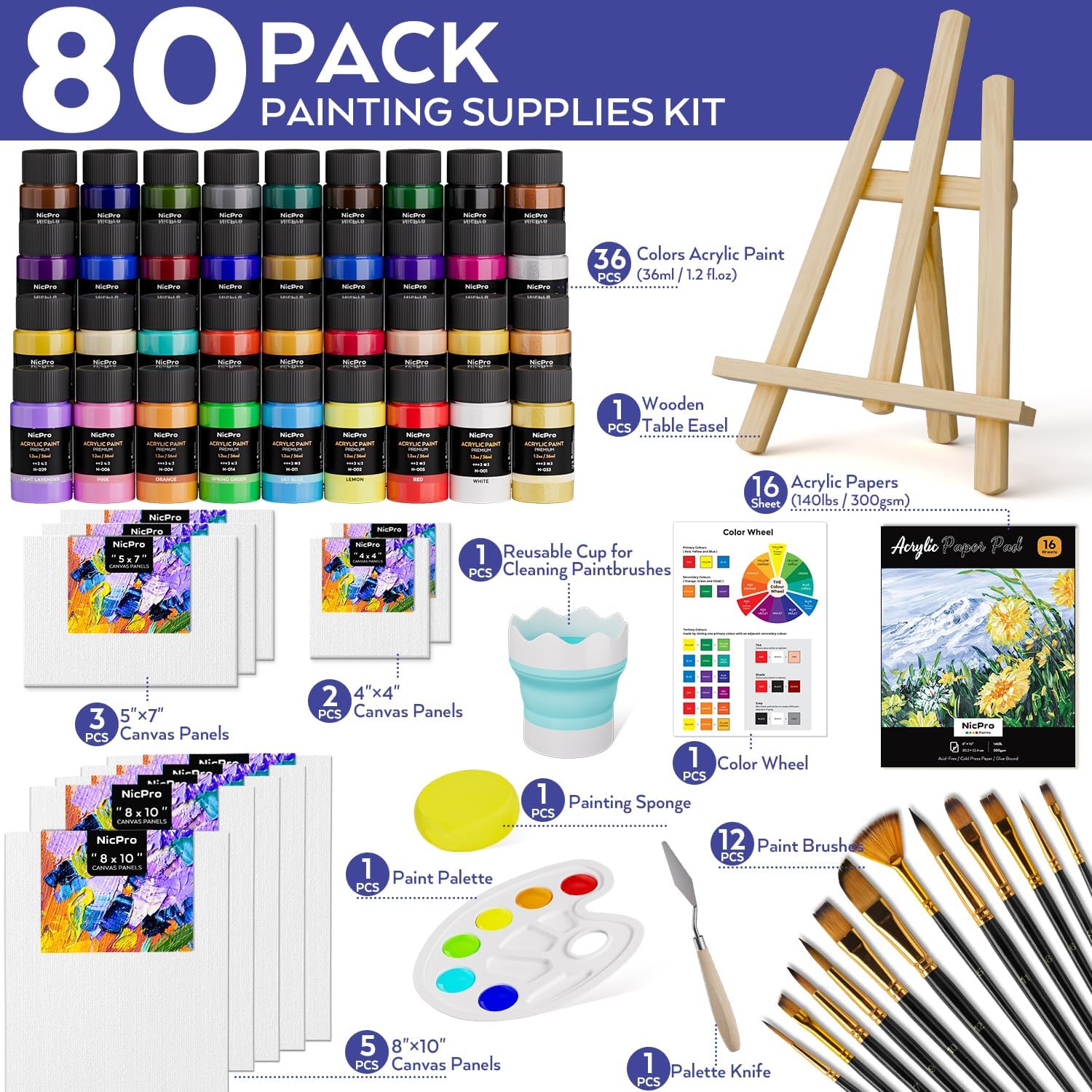 Thumbnail 1 de Nicpro Acrylic Paint Canvas Set for Adults – 80-Piece Art Kit with 36 Paints, Easel, 10 Canvases & Accessories
