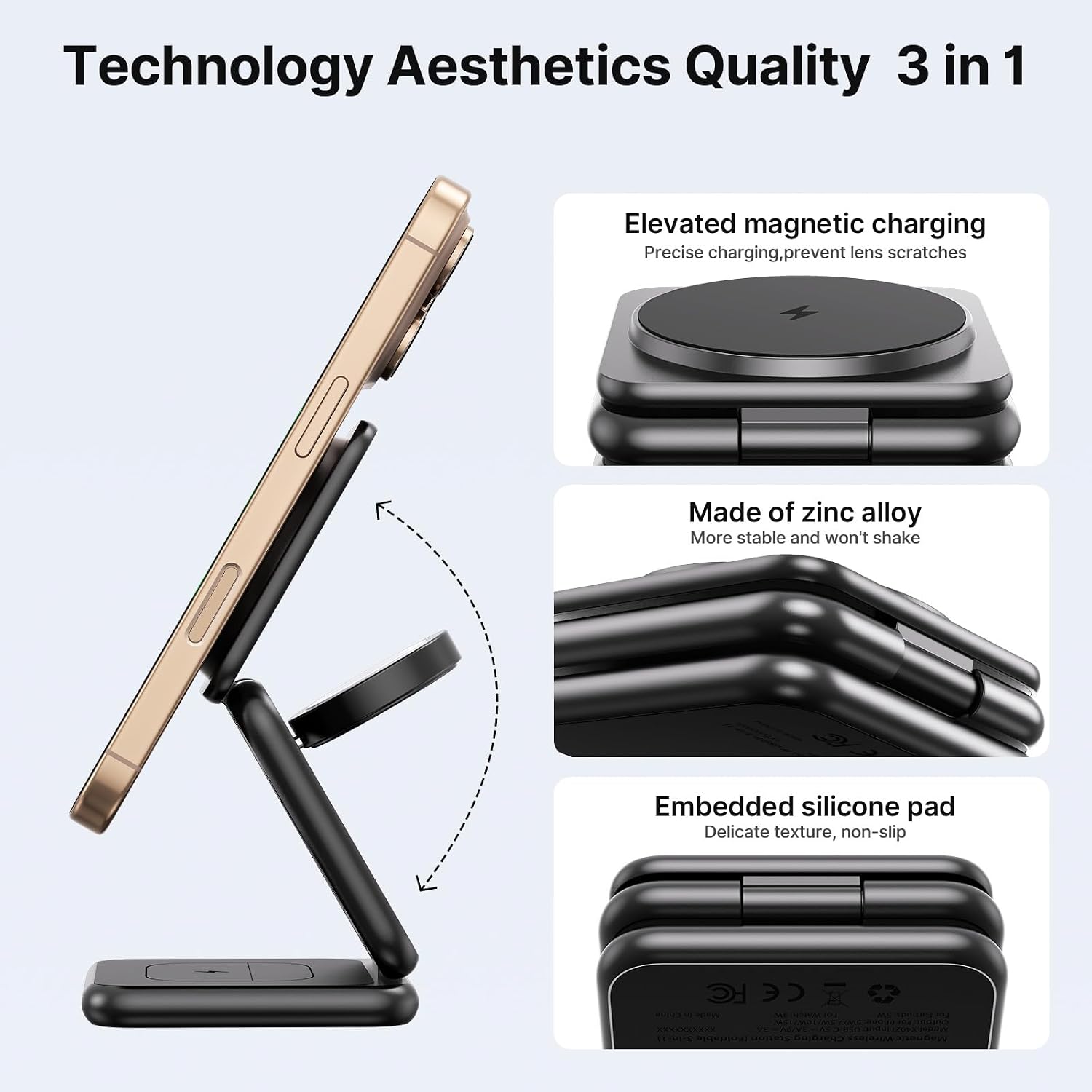 Detalle de Alilong 3 in 1 Wireless Charging Station with MagSafe - Foldable, Zinc Alloy Travel Stand