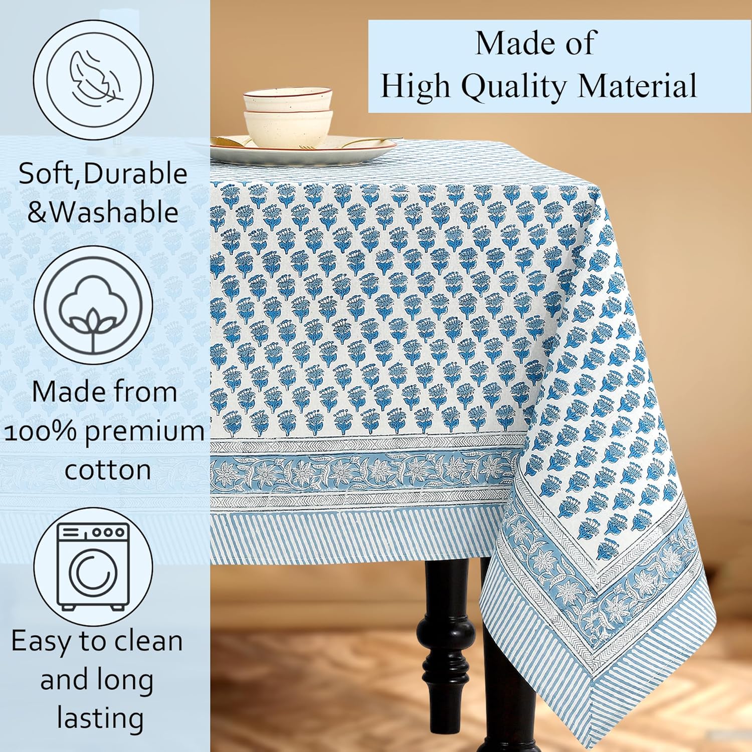 Thumbnail 6 de CPC Tablecloth 100% Cotton 70x108 Inch Indian Block Print Blue Tablecloth