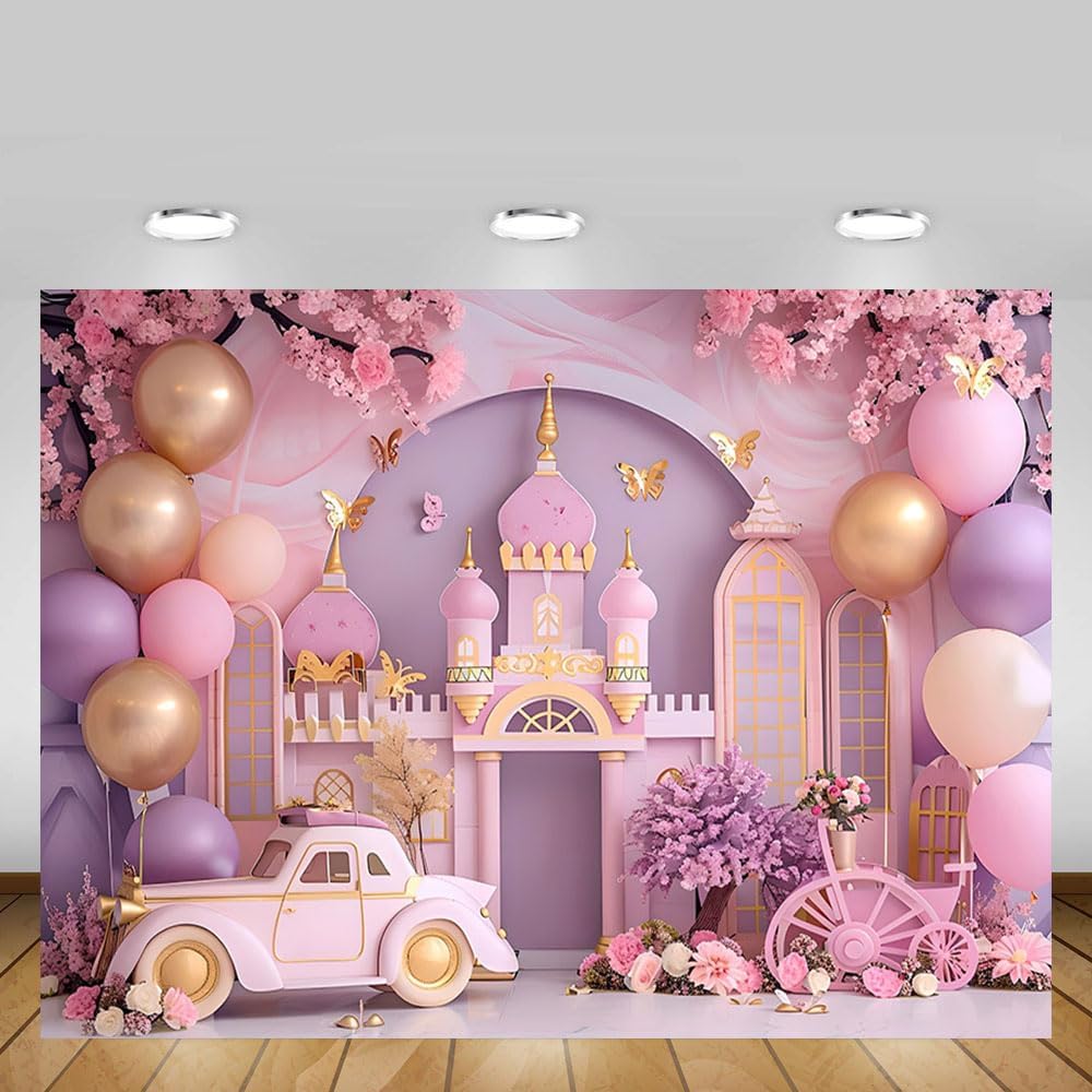 Thumbnail 3 de MEHOFOND 8x6ft Girl Birthday Photography Backdrop (Pink Balloon Castle & Floral Design)