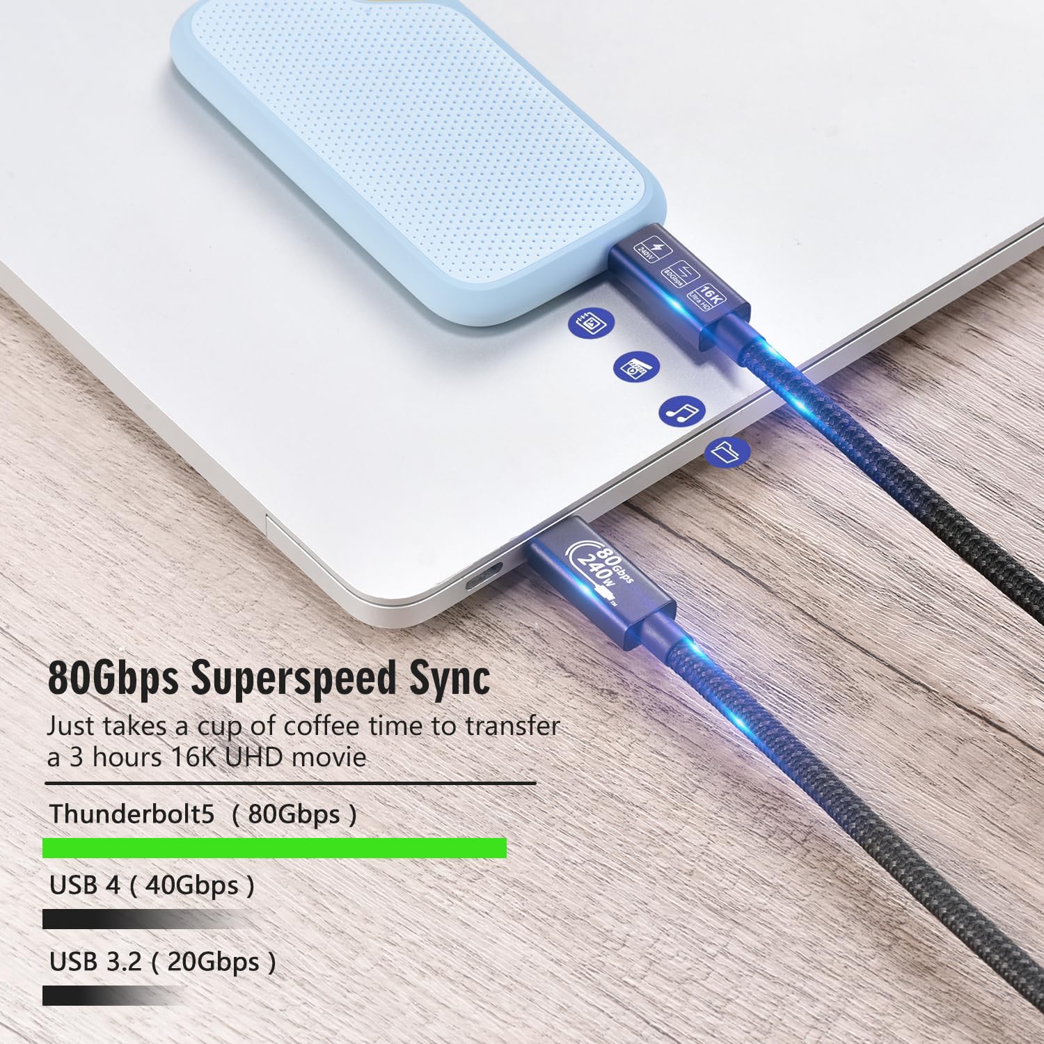 Thumbnail 3 de CHENLENIC USB4 / Thunderbolt 5 Cable (80Gbps, 240W) – USB-C to USB-C for Hub, Dock, SSD & Laptop Monitors