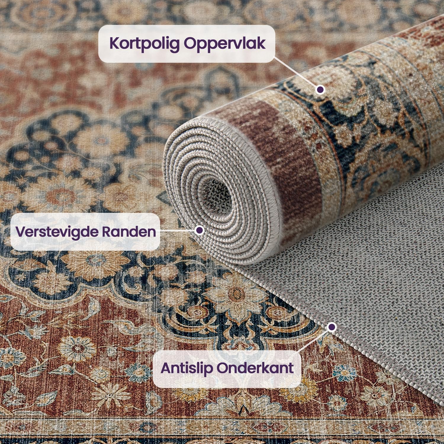 Thumbnail 5 de DEXI gangloper 60 x 210 cm, roestrood met bloemenpatroon en antisliprug
