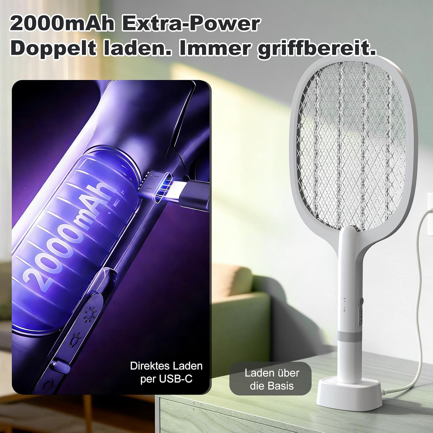 Thumbnail 4 de TEINNGO Raquette électrique anti-insectes 5000V rechargeable USB-C (2000 mAh) avec base