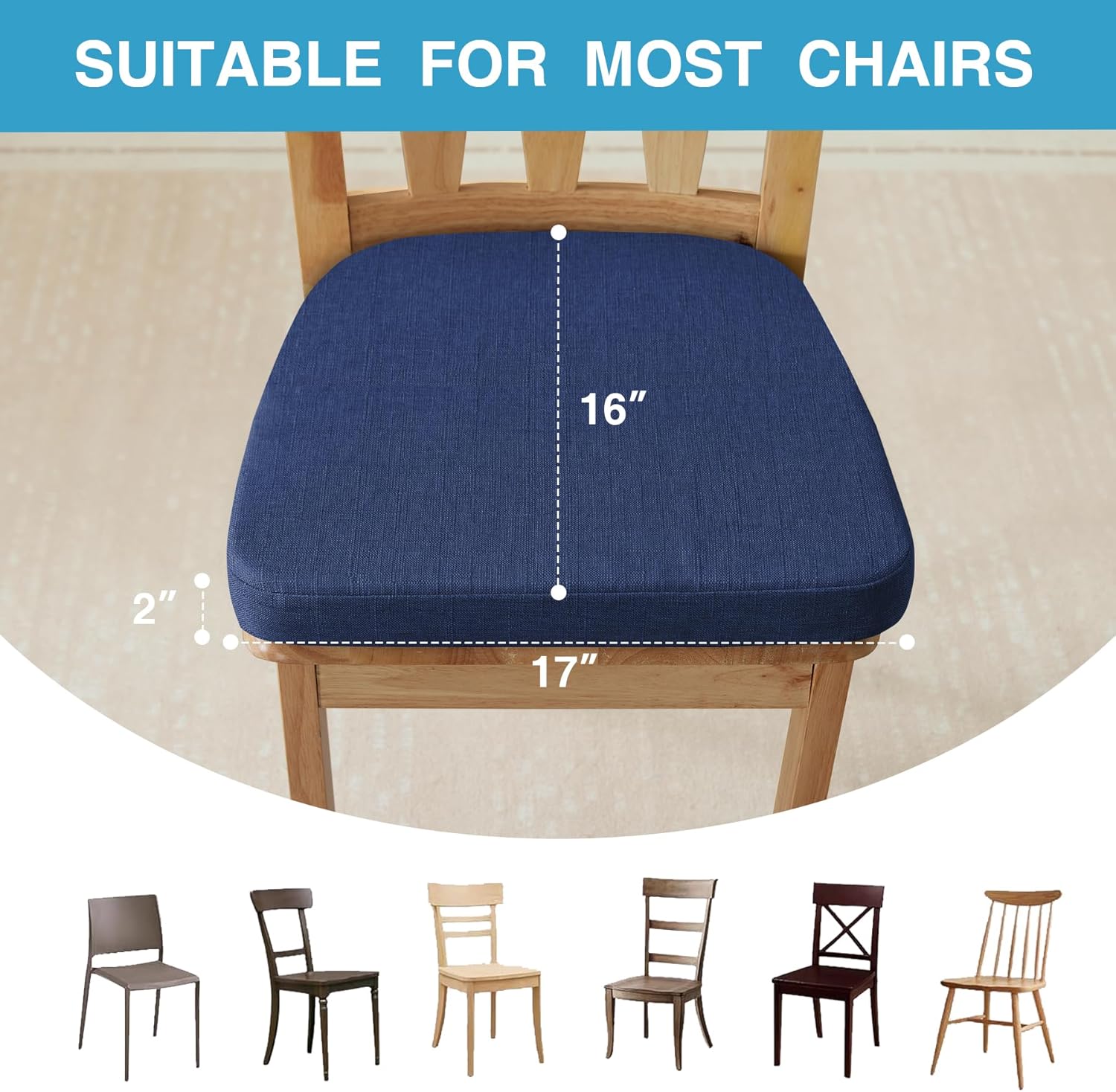 Detalle de IASEAHK Chair Cushions for Dining Chairs (Set of 4) – 17" x 16" x 2" Navy Blue, Non-Slip with Ties