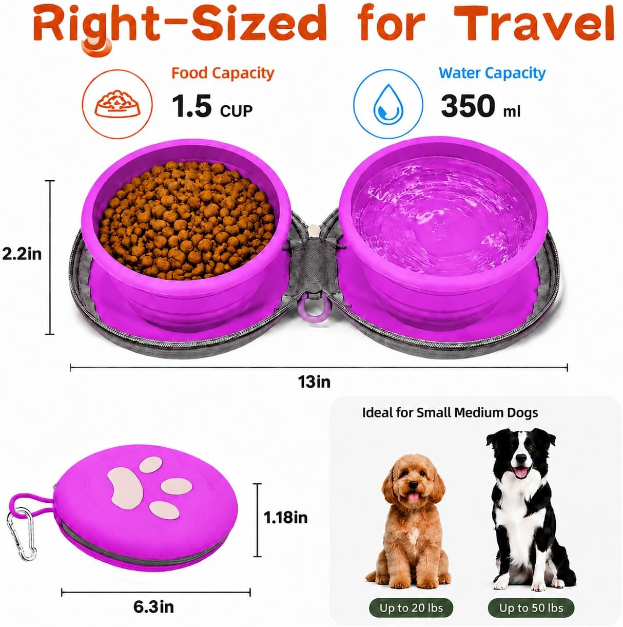 Detalle de Gdsun Travel Bowls-Purpie 2-in-1 Collapsible Dog Travel Bowl with Carabiner