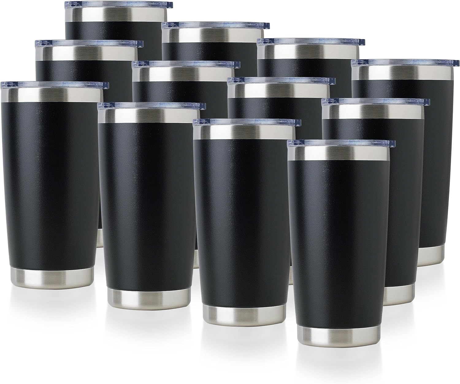 DOMICARE 20oz Stainless Steel Tumbler Bulk with Lid (12 Pack) - Double Wall Vacuum Insulated, Powder Black