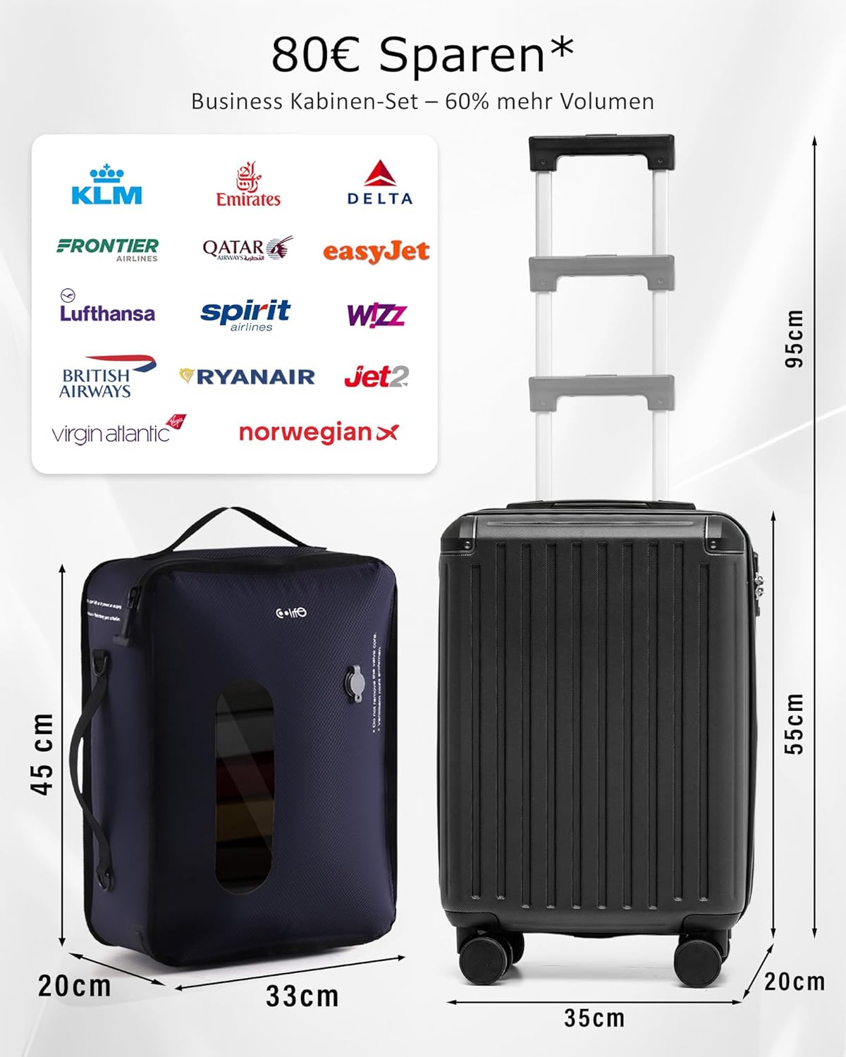 Detalle 2 de COOLIFE Ryanair Handgepäck Koffer 55X35X20cm mit Vakuum-Kompressionsbeutel – 60% mehr Stauraum, TSA-Schloss & 4 Doppelrollen