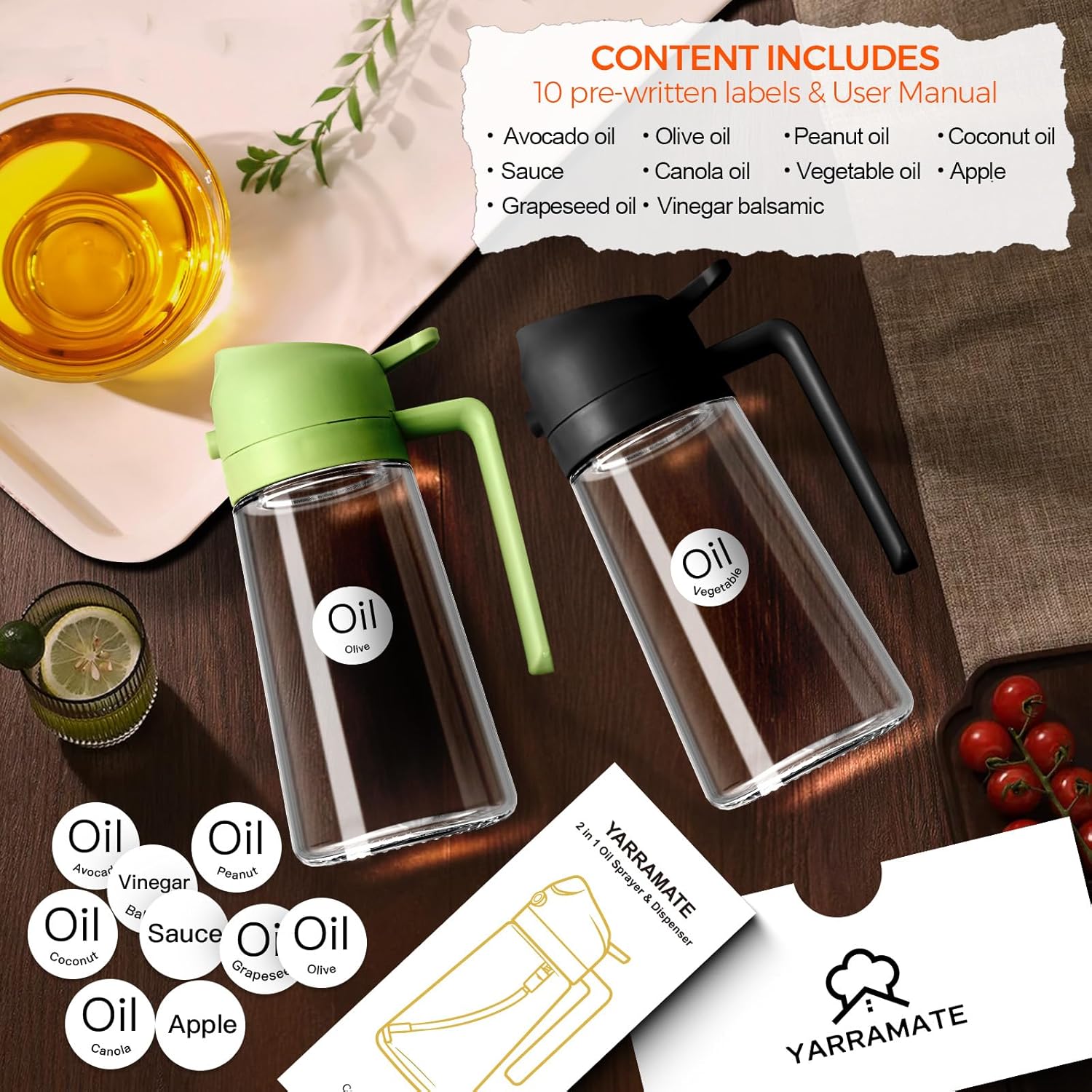 Detalle 2 de YARRAMATE 2-Pack 16oz (470ml) Olive Oil Dispenser & Glass Sprayer (Black) — 2-in-1 Pour or Spray