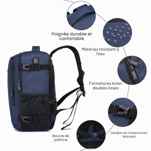 Thumbnail 5 de Bagage Cabine 40x30x20 PUSLOM – Sac à dos cabine avion avec USB, 24 L, bleu