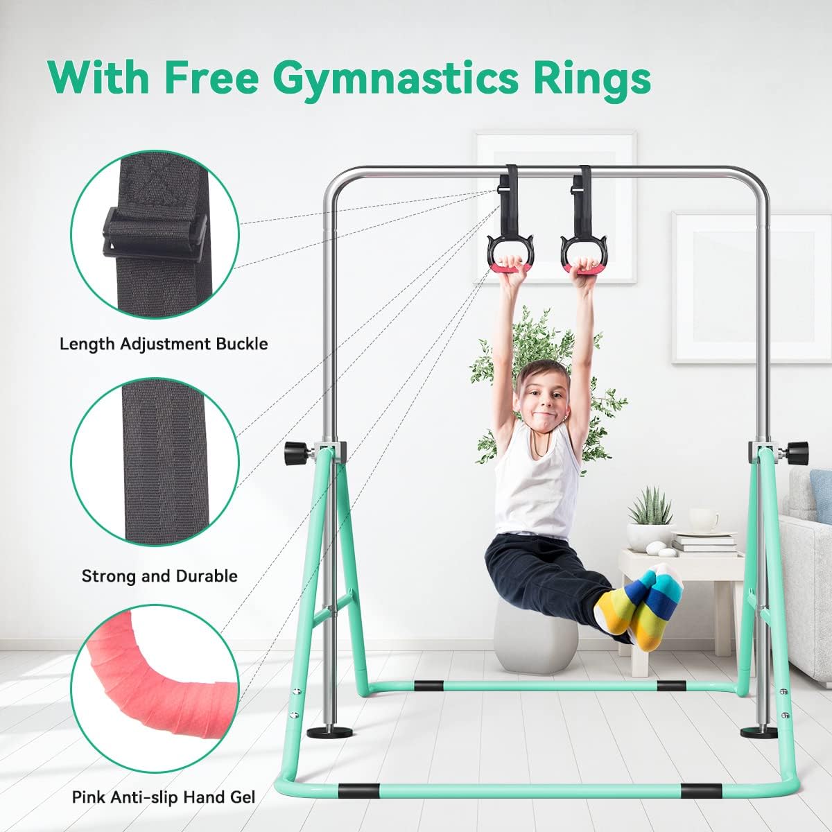 Detalle de FBSPORT Gymnastikstange für Kinder mit verstellbarer Höhe – faltbare Reckstange für Zuhause & Turnhalle