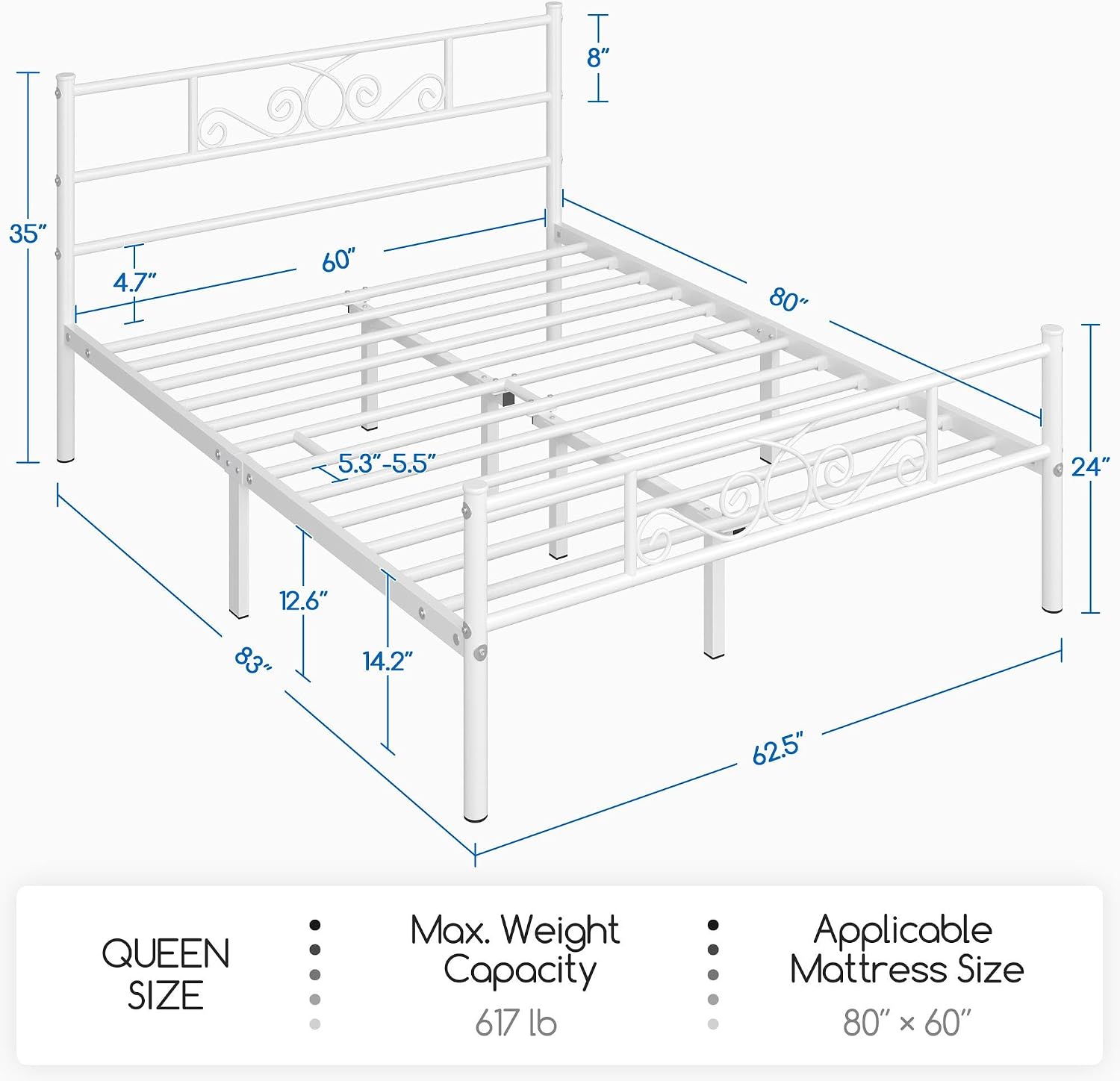 Detalle 2 de Yaheetech YT-00110348-V01 Queen Metal Bed Frame, White Scrollwork