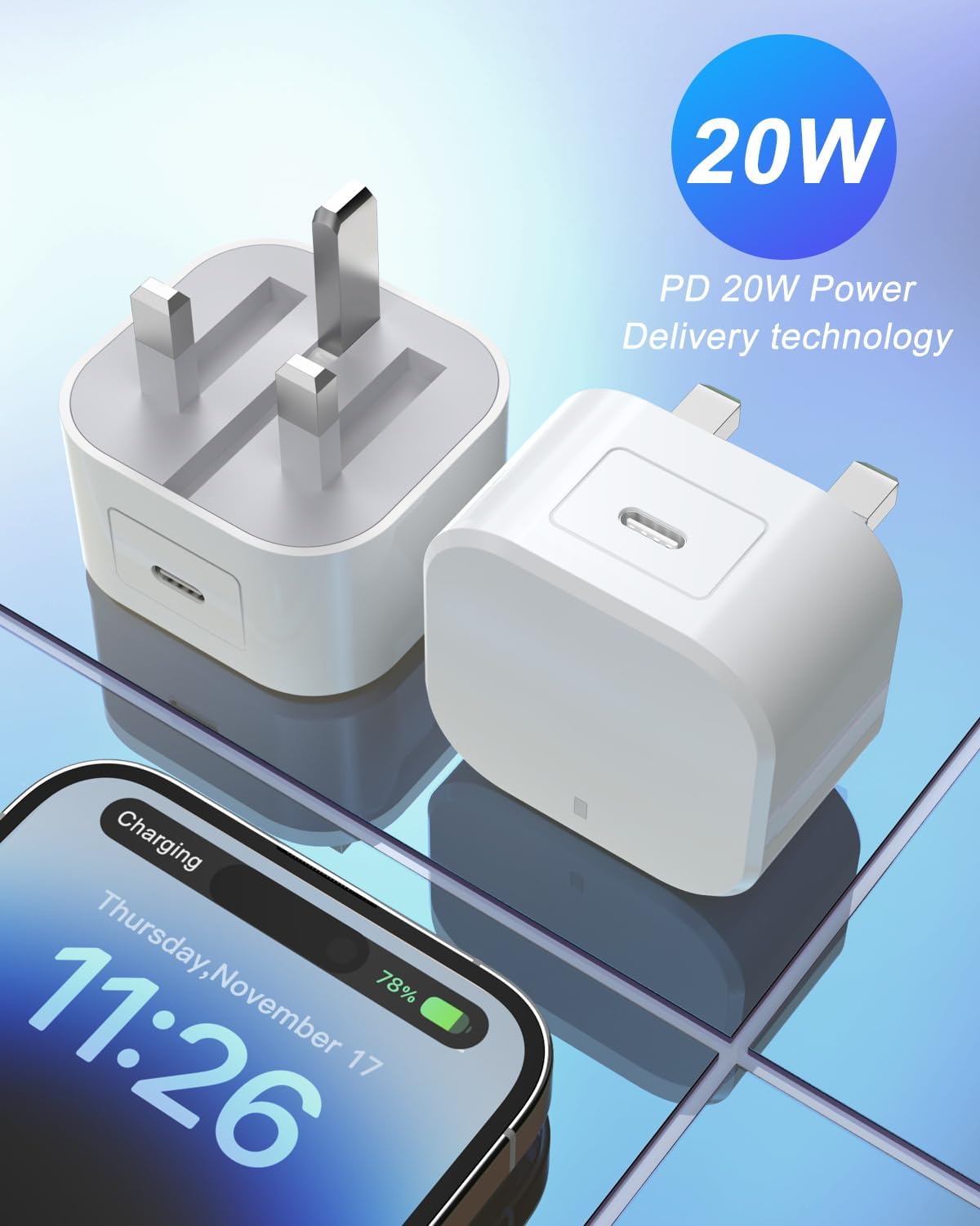 Thumbnail 5 de 2-Pack 20W USB-C Plug Fast Charge (MFI Certified) UK Adapter for iPhone, iPad & AirPods Pro
