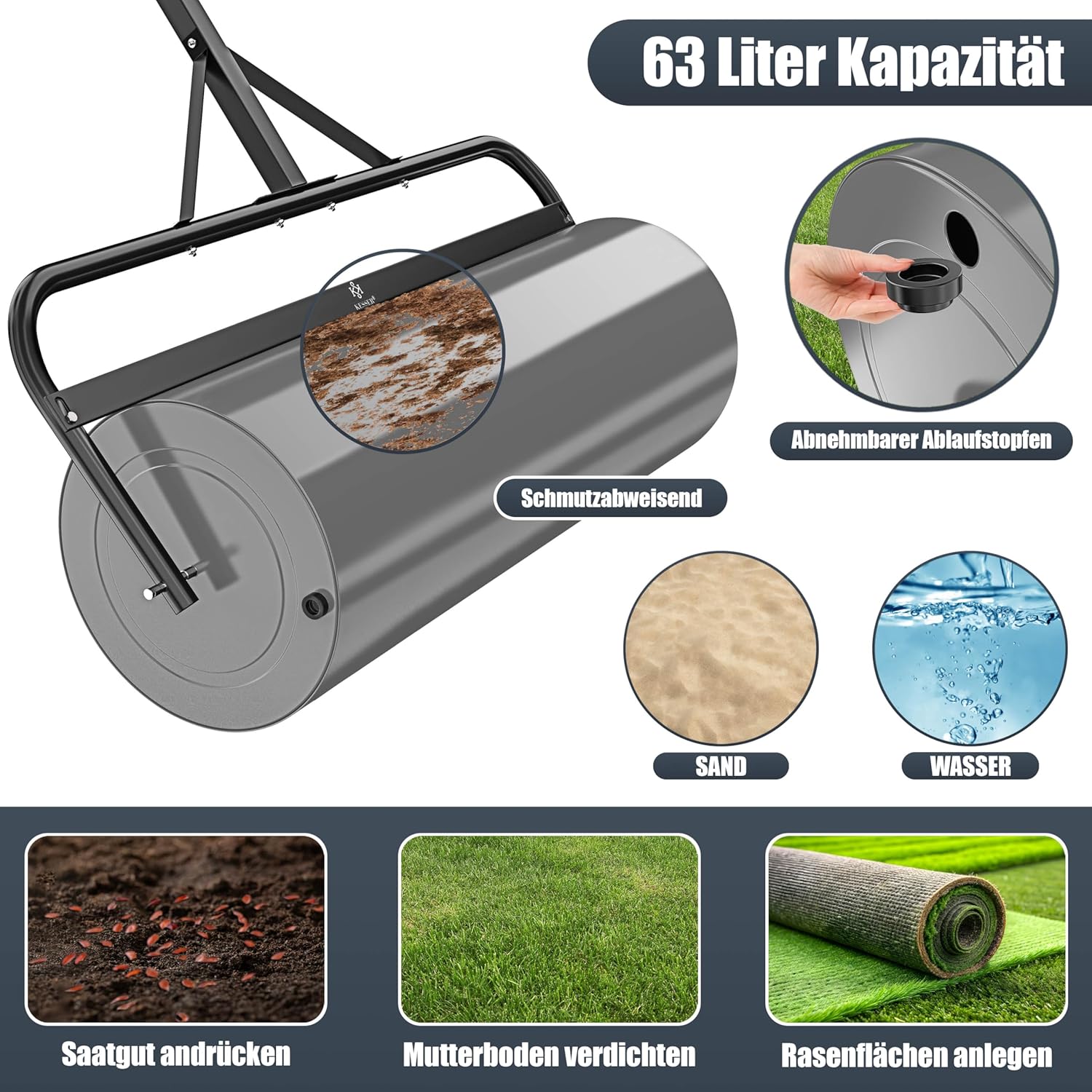 Thumbnail 3 de KESSER® Rasenwalze Metall, befüllbar mit Wasser oder Sand (63 Liter) – 99 cm Arbeitsbreite, inkl. Handschuhe