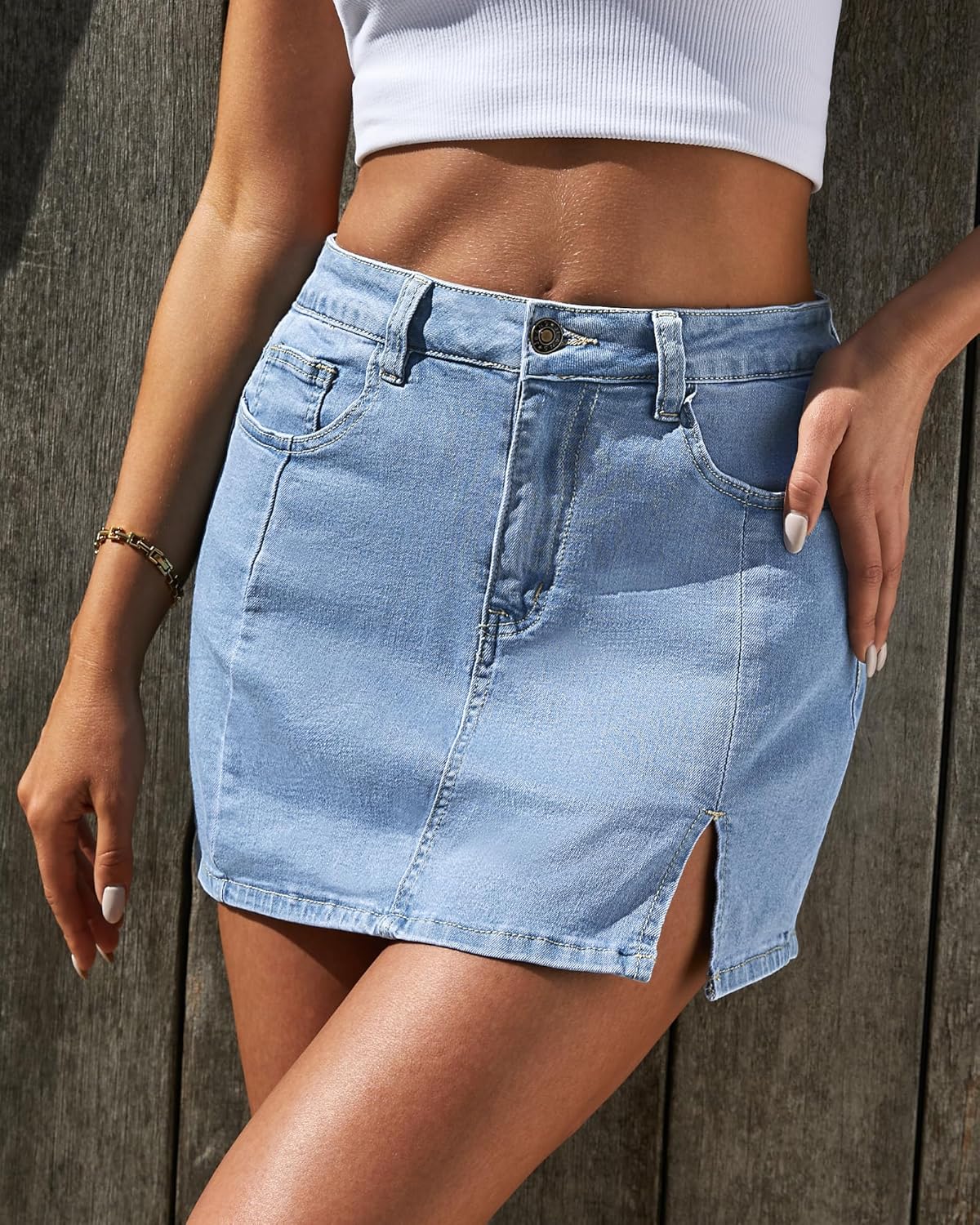 Thumbnail 2 de Vetinee Women's High-Waisted Denim Skorts: Slit, 5-Pocket Comfort
