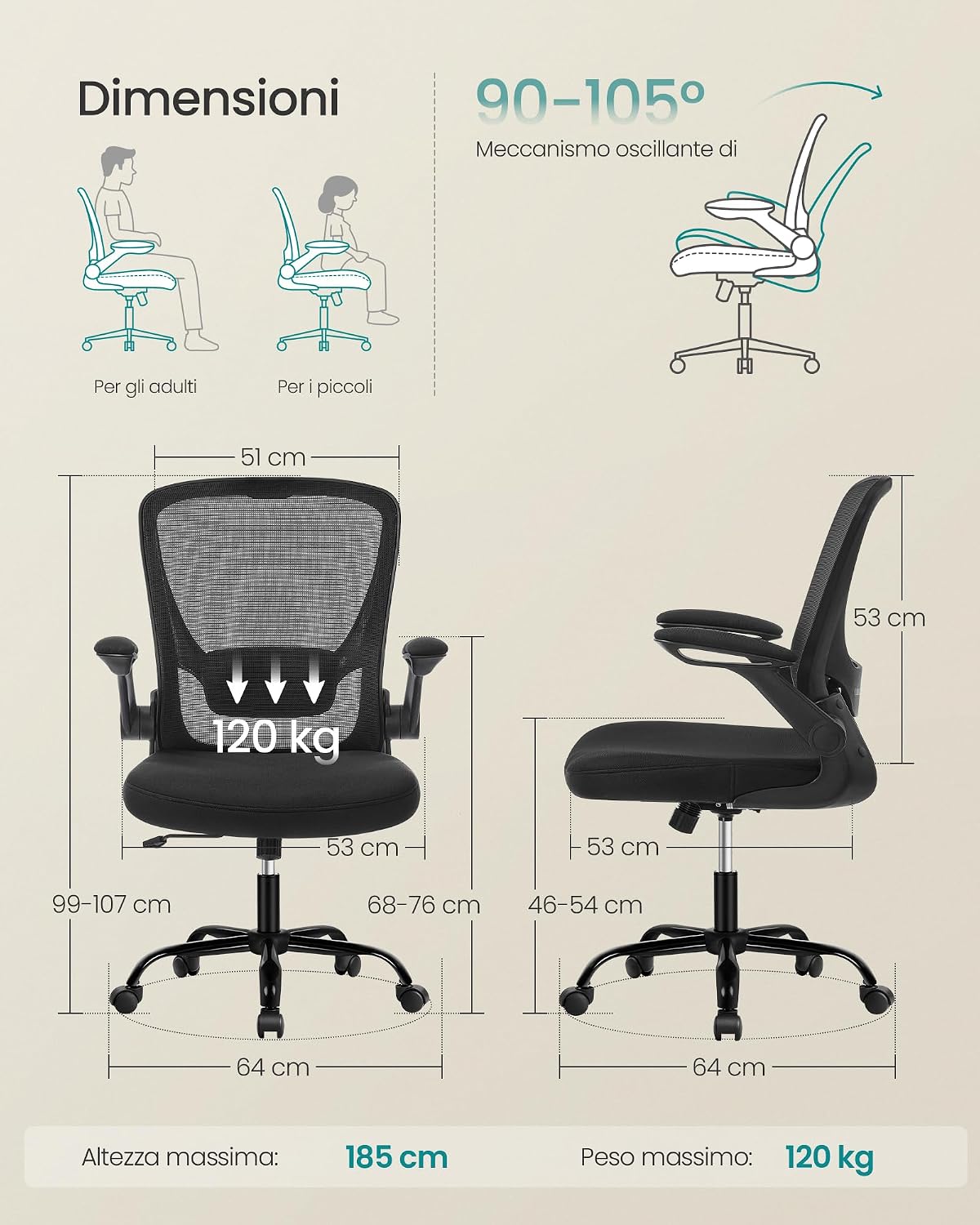 Thumbnail 2 de SONGMICS OBN37BK Sedia da ufficio ergonomica con seduta 53 cm