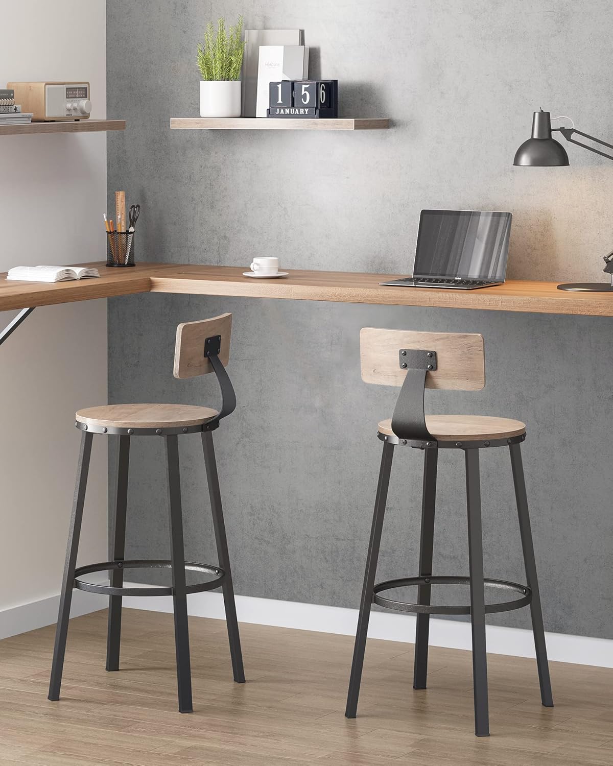 Detalle 2 de VASAGLE set di 2 sgabelli da bar LBC026B02 con schienale, altezza seduta 73 cm, greige e nero